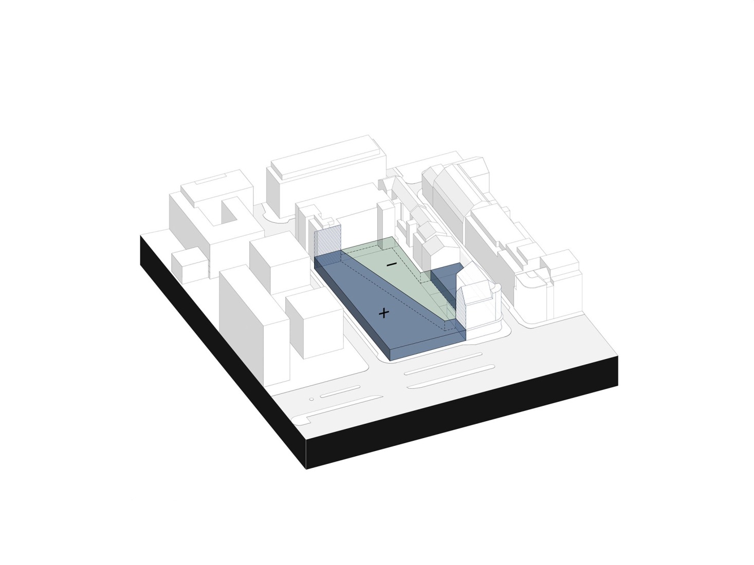 División de zócalo de masa de planta baja y vacío de patio. «Post Headquarters - Helix» por Metaform.