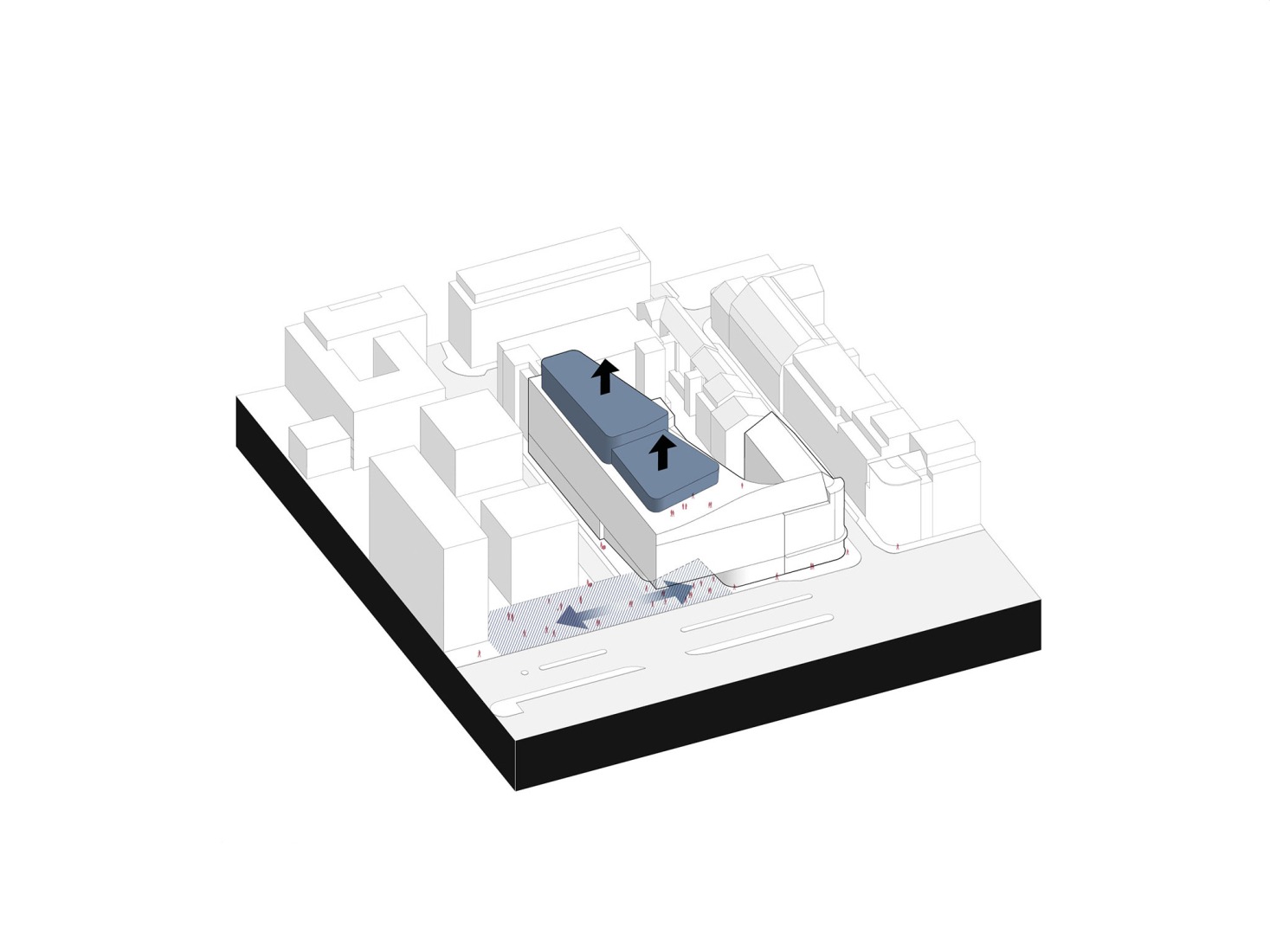 Doble activación ampliando la plaza pública y activando la azotea. «Post Headquarters - Helix» por Metaform.