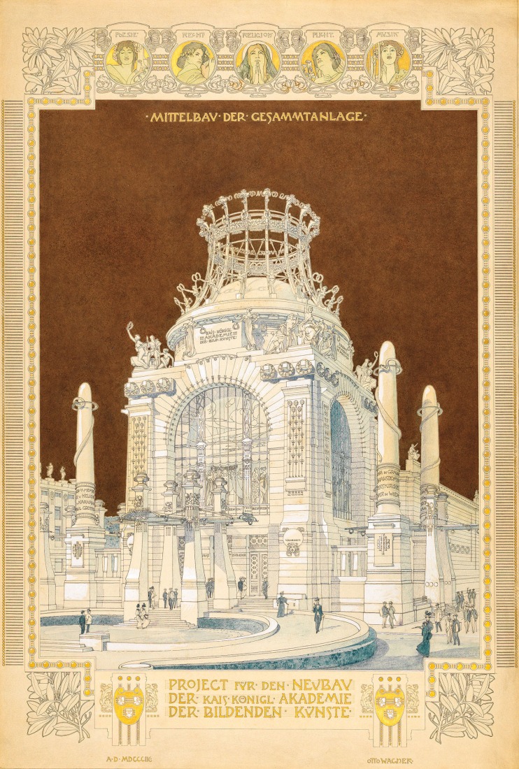 Otto Wagner, Project for the new building of the Academy of Fine Arts, Hall of Honour, 1898. Pencil, pen, watercolour, spray technique, opaque paint, white highlights, gold paint, 104,4 × 70,5 cm. Wien Museum, Inv. 96.287.