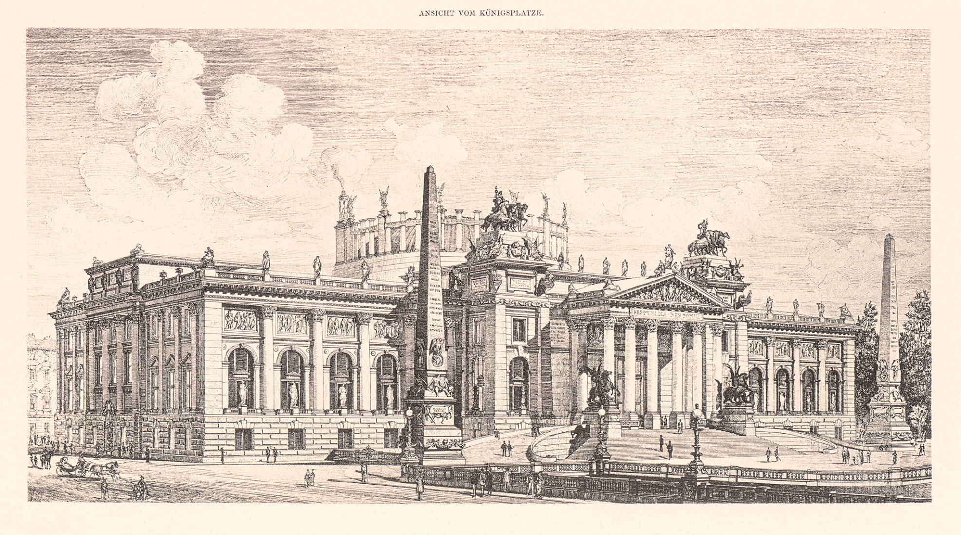 Otto Wagner, Competition project for the Reichstag building in Berlin, view of the main façade, 1882. From: Auswahl aus den Entwürfen zum deutschen Reichstagsgebäude 1882 (mit den zehn angekauften Projecten) (Selection from the Designs for the German Reichstag Building 1882 (with the ten purchased projects), Berlin: Wasmuth 1883. Wien Museum, Inv. 317.778.
