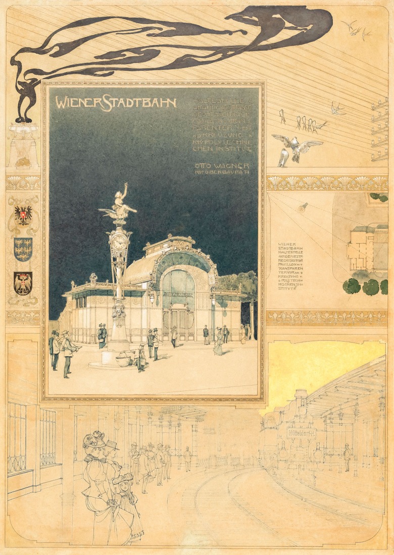 Otto Wagner, Presentation drawing with the Akademiestrasse-Technik and Gumpendorfer Strasse stations of the City Railway, 1898. Pencil, pen, watercolour, spray technique, white highlights, gold paint, 64,8 × 46,2 cm. Wien Museum, Inv. 77.262.