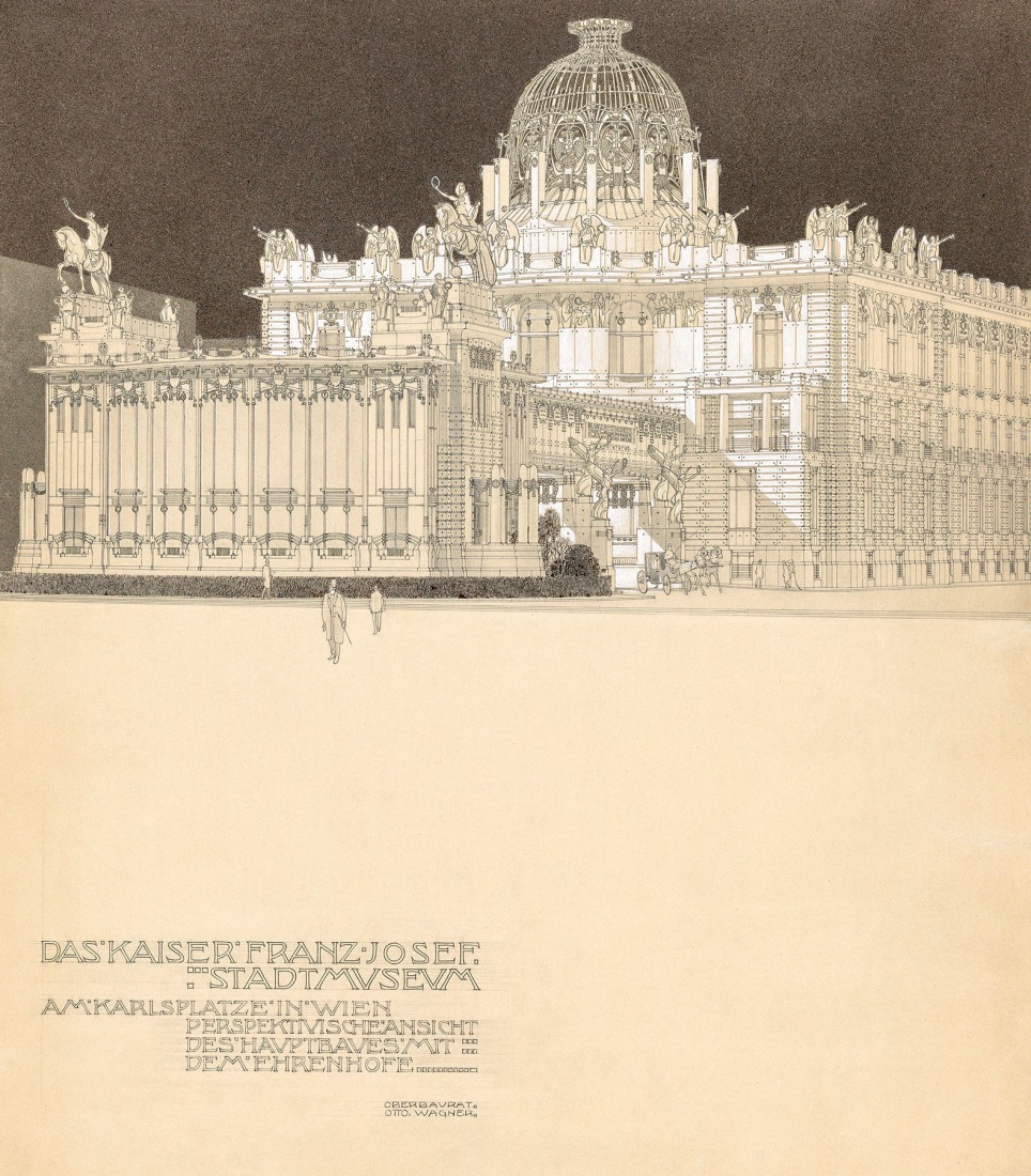 Otto Wagner, “Large Project” for the City Museum on Karlsplatz, view from Canovagasse, 1903. Pencil, sepia, white highlights, gold paint, 67,5 × 59,7 cm. Wien Museum, Inv. 96.006/28.