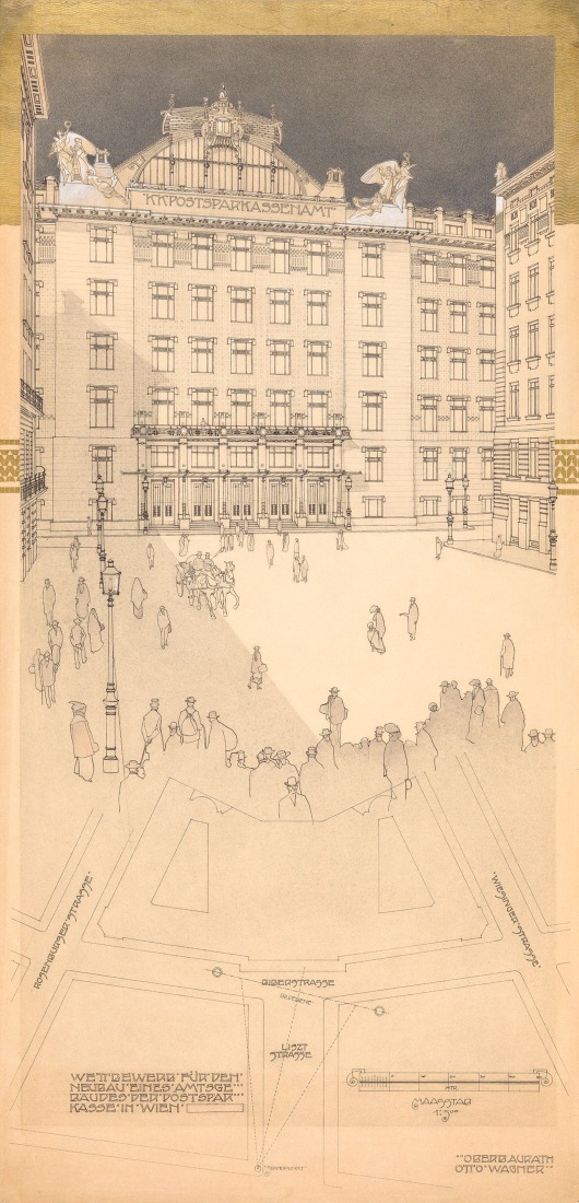 Otto Wagner, Competition project for the Austrian Postal Savings Bank Headquarters, site plan and perspective view, 1903. Pencil, pen and wash, white highlights, gold paint, 86 × 41,7 cm. Wien Museum, Inv. 96.017/34.
