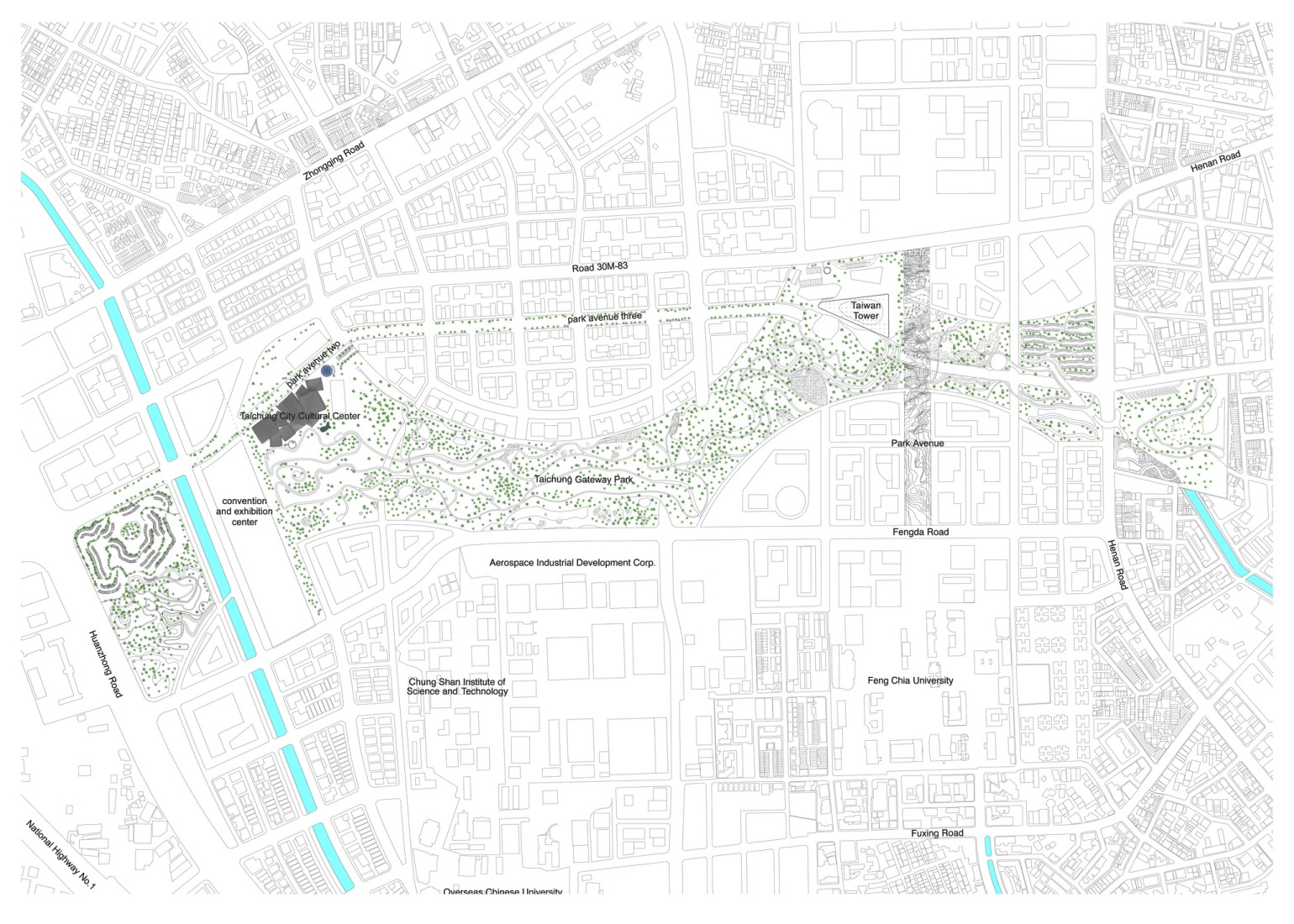 Plano de situación. Museo-biblioteca verde de Taichung por SANAA. 