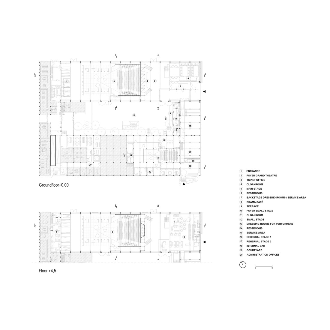 Floor plans. Temporary Spaces for Slovenian National Theatre Drama by Vidic Grohar Arhitekti.