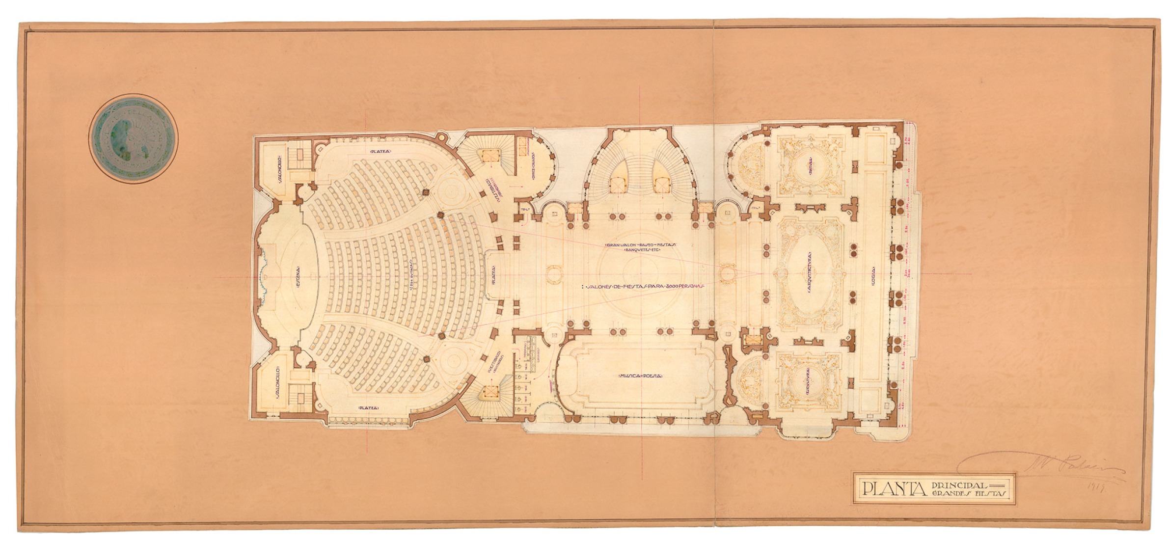 Planta principal: grandes fiestas. Concurso de anteproyectos para la sede social del Círculo de Bellas Artes, 1919. Lápiz negro, tintas y acuarelas sobre cartulina. Archivo del Círculo de Bellas Artes. Restauración: Archivos de la Comunidad de Madrid. Cortesía del Círculo de Bellas Artes.