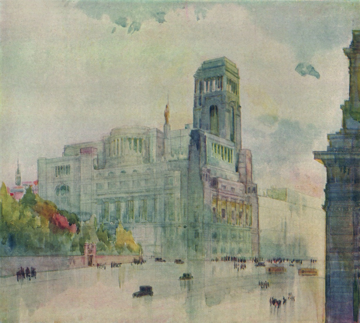 Antonio Palacios. Vista en perspectiva. Reproducción procedente de la memoria gráfica del «Proyecto de la Casa Social de las Bellas Artes», 1923.  Archivo del Círculo de Bellas Artes.