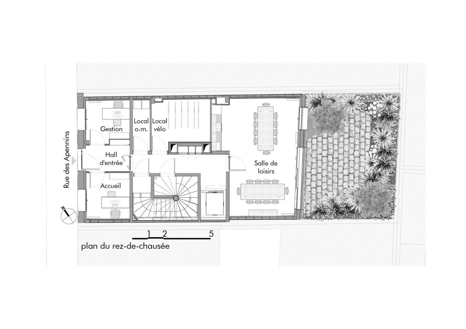 Ground floor plan. "La Pension de famille des Apennins" by CQFD Architecture.