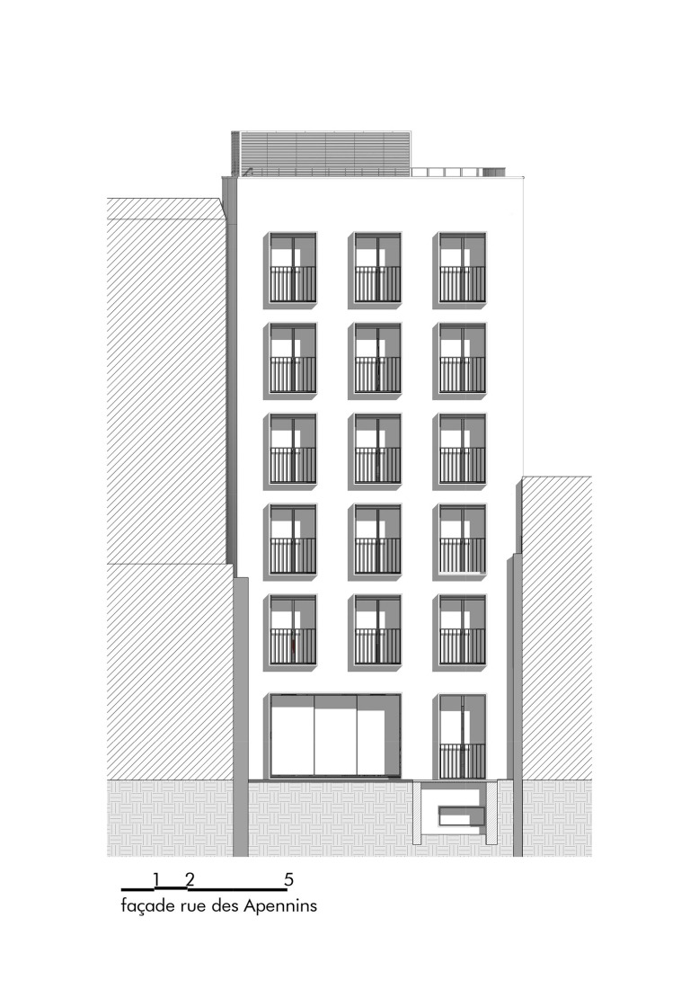 Elevation. "La Pension de famille des Apennins" by CQFD Architecture.