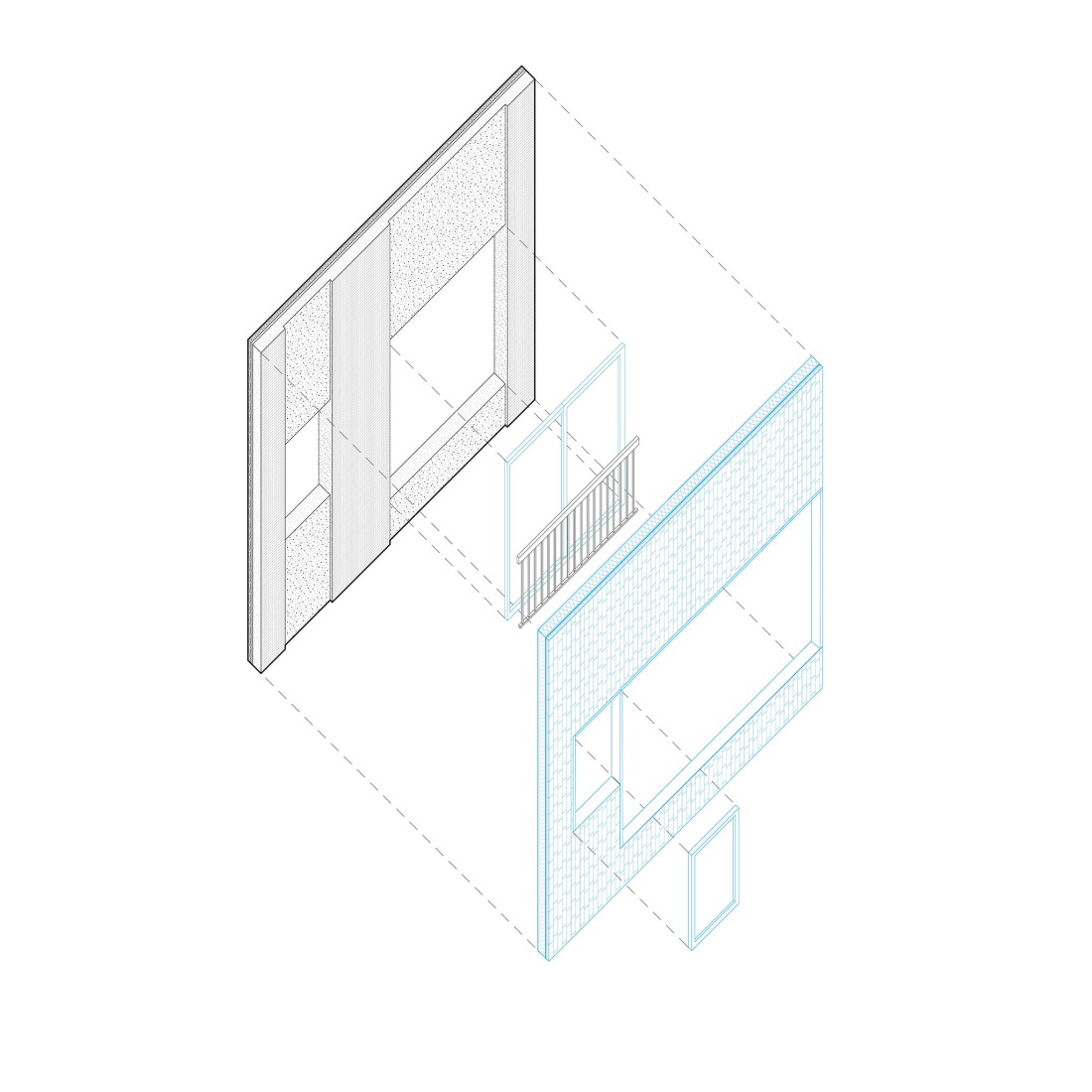 Carpentry axonometry. Thermal rehabilitation of a 49-unit apartment building by graal. 