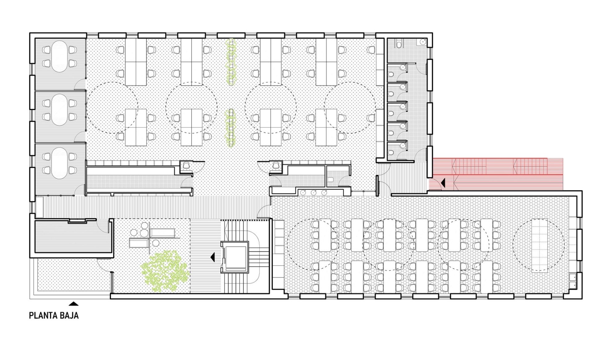 Building 1. Ground floor plan. HTBA office and services complex by Martín Lejarraga.