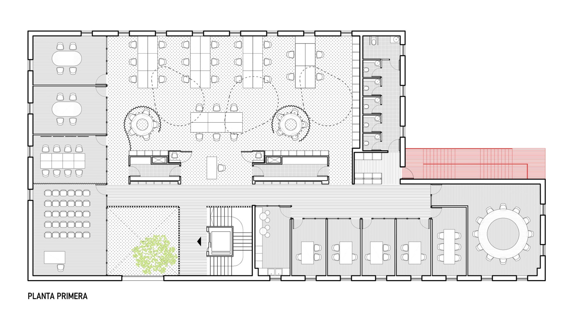 Building 1. First floor plan. HTBA office and services complex by Martín Lejarraga.