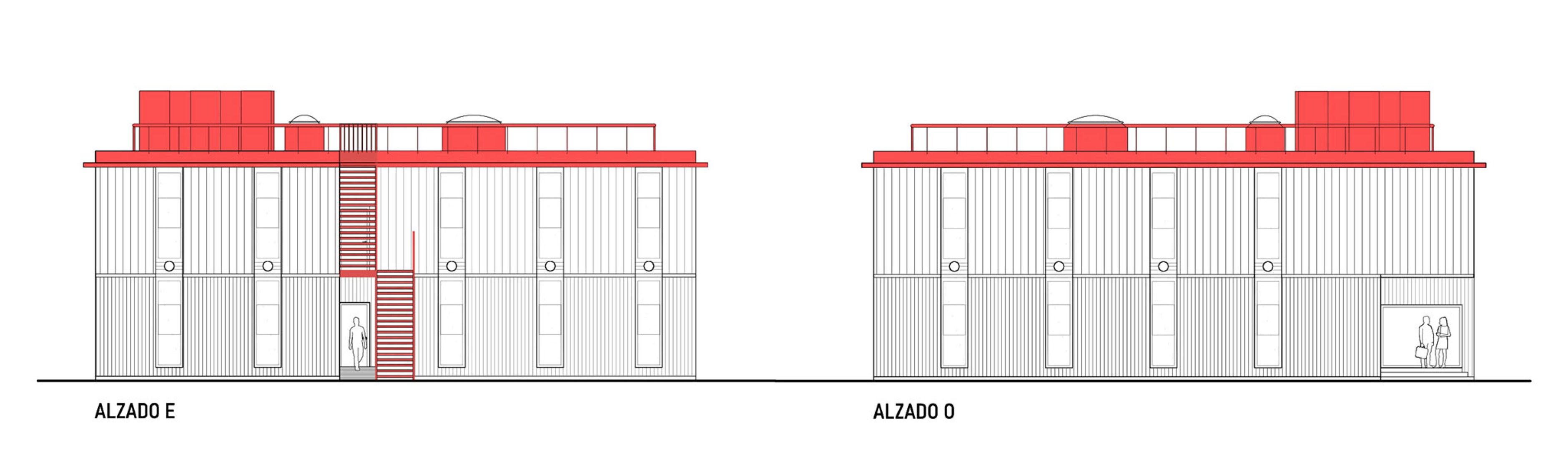 Building 1. East Elevation / West Elevation. HTBA office and services complex by Martín Lejarraga.
