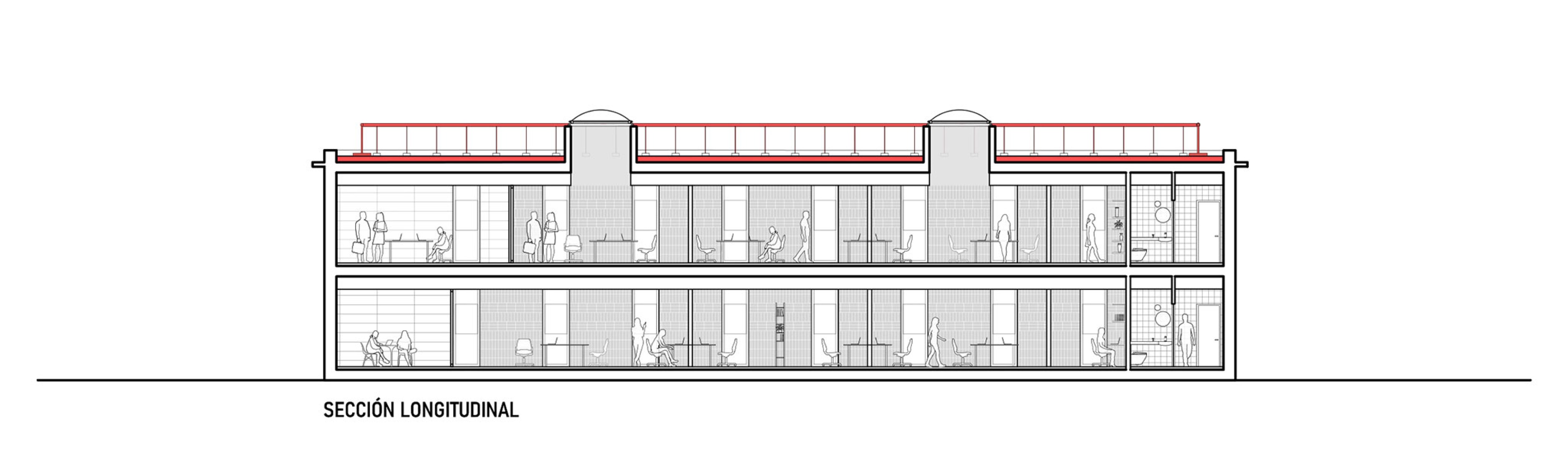 Building 1. Longitudinal Section. HTBA office and services complex by Martín Lejarraga.