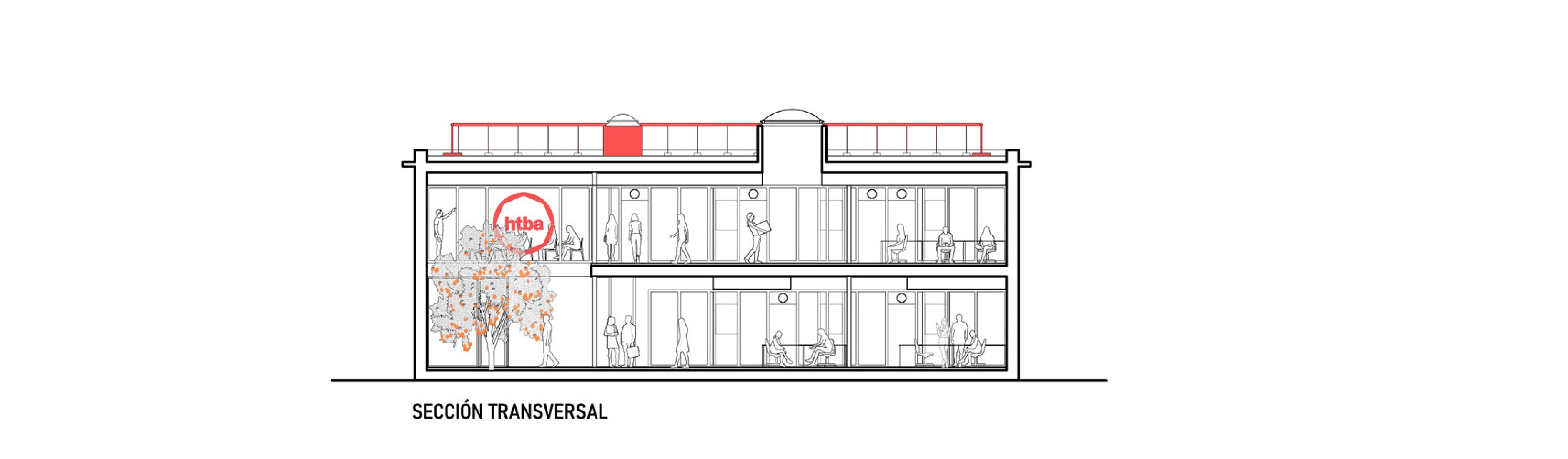 Building 1. Cross Section. HTBA office and services complex by Martín Lejarraga.