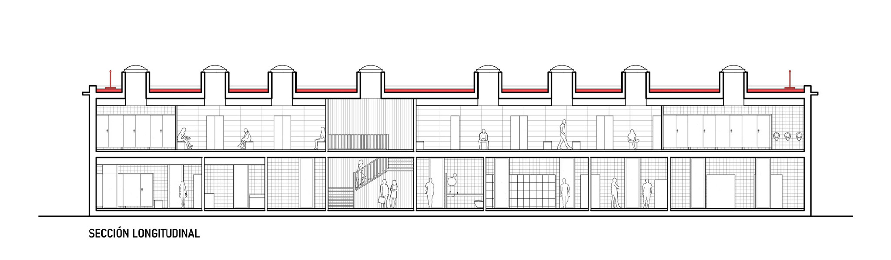 Building 2. Longitudinal Section. HTBA office and services complex by Martín Lejarraga.