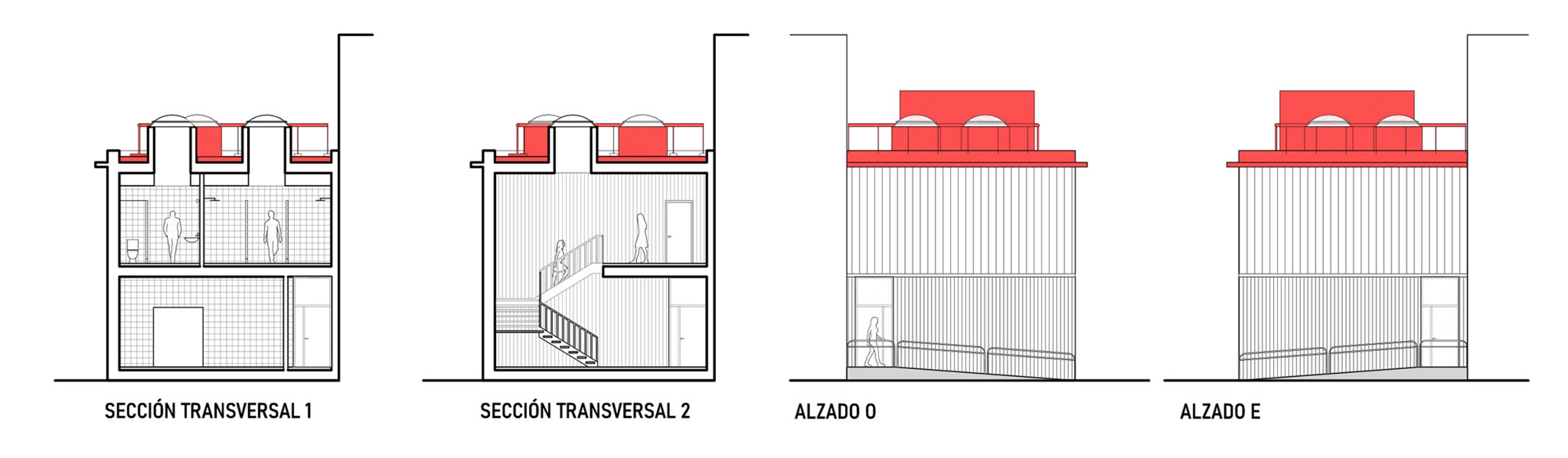 Building 2. East Elevation / West Elevation / Cross Sections. HTBA office and services complex by Martín Lejarraga.