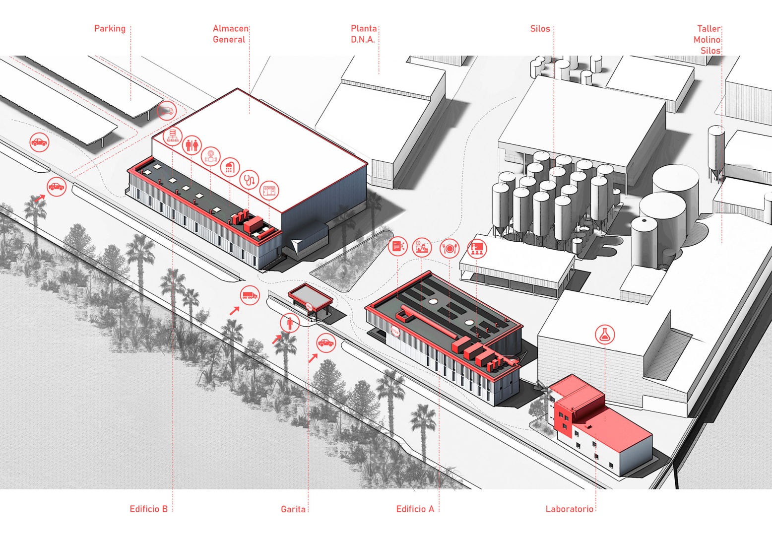 Axonometry. HTBA office and services complex by Martín Lejarraga.