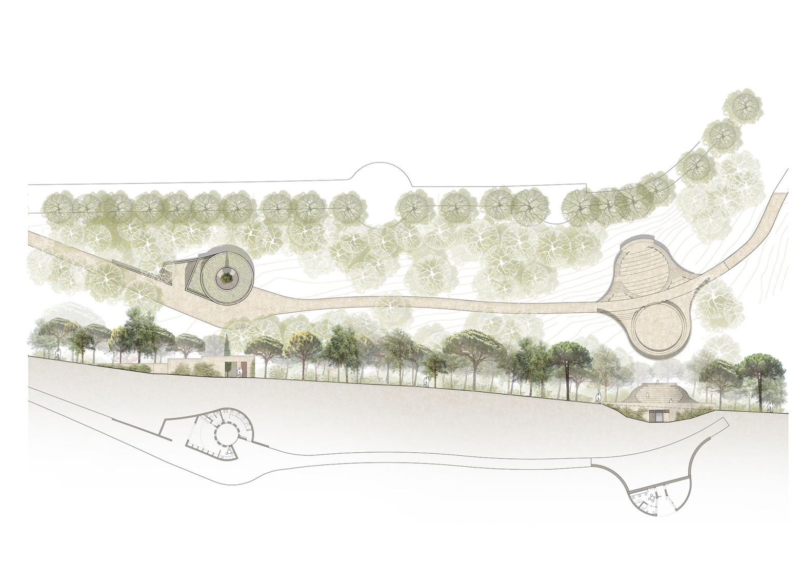 Site plan, ground floor plan and elevation. Theater in the Gardens of Santa Clotilde by Scob.