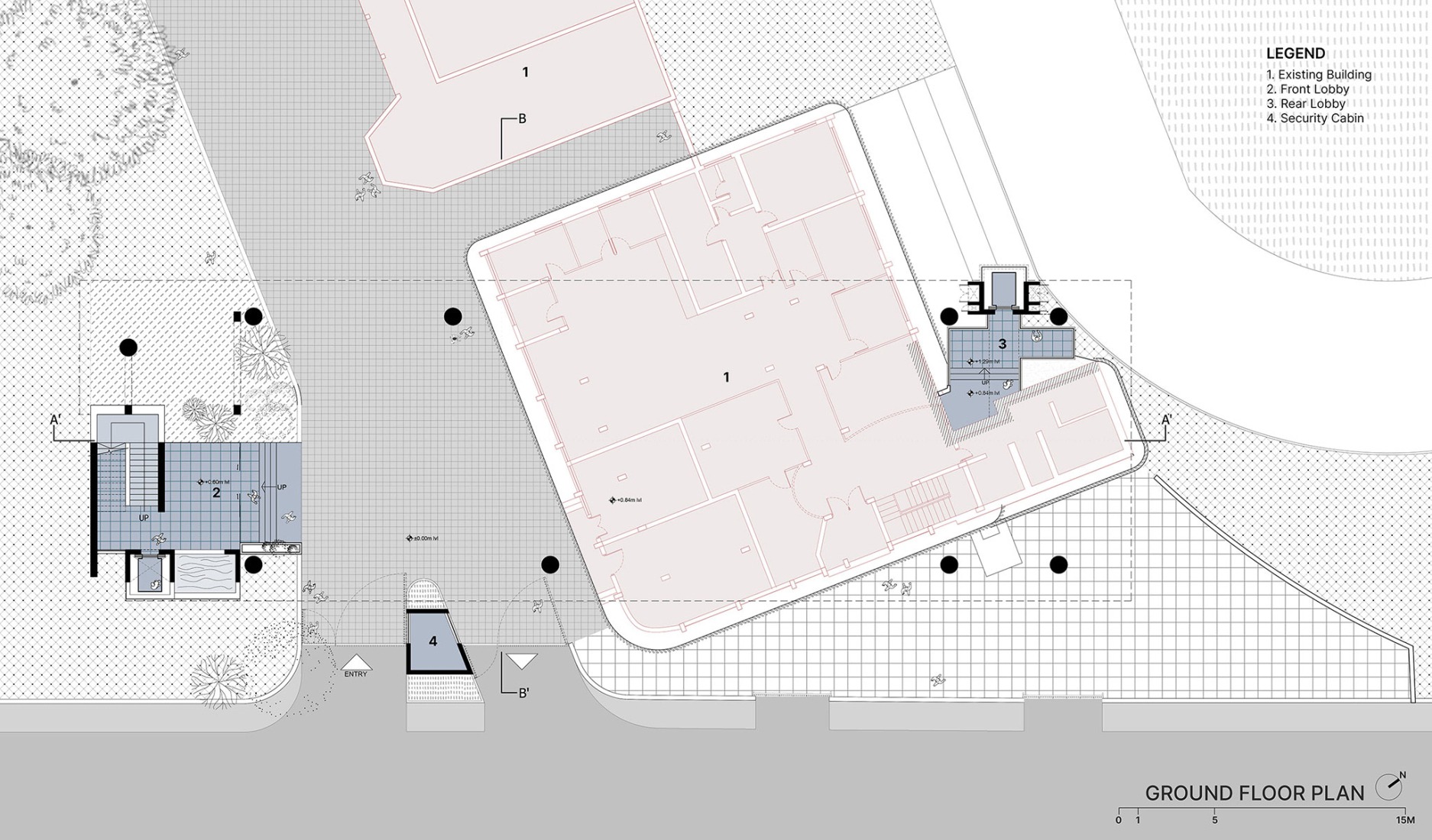 Ground floor plan. "Hoverspace" Extension to the KLE Society Head Office by Thirdspace.