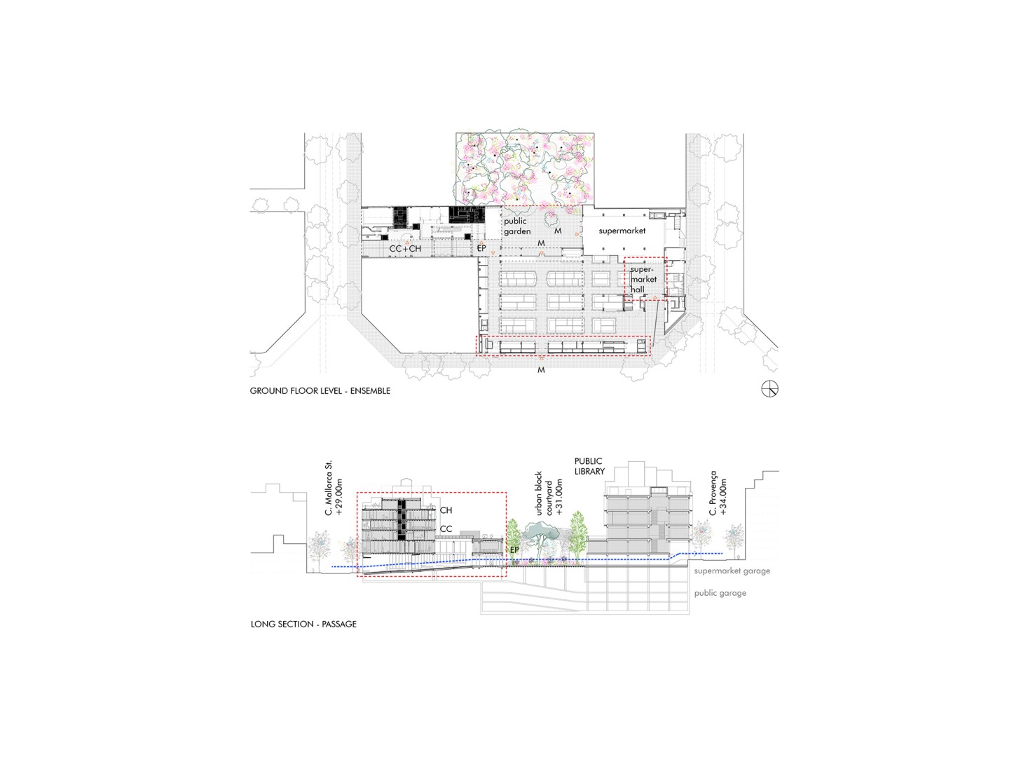 Ground floor plan /  Longitudinal section. "Recirculating the Eixample" by Addenda Architects + Flexo Arquitectura.