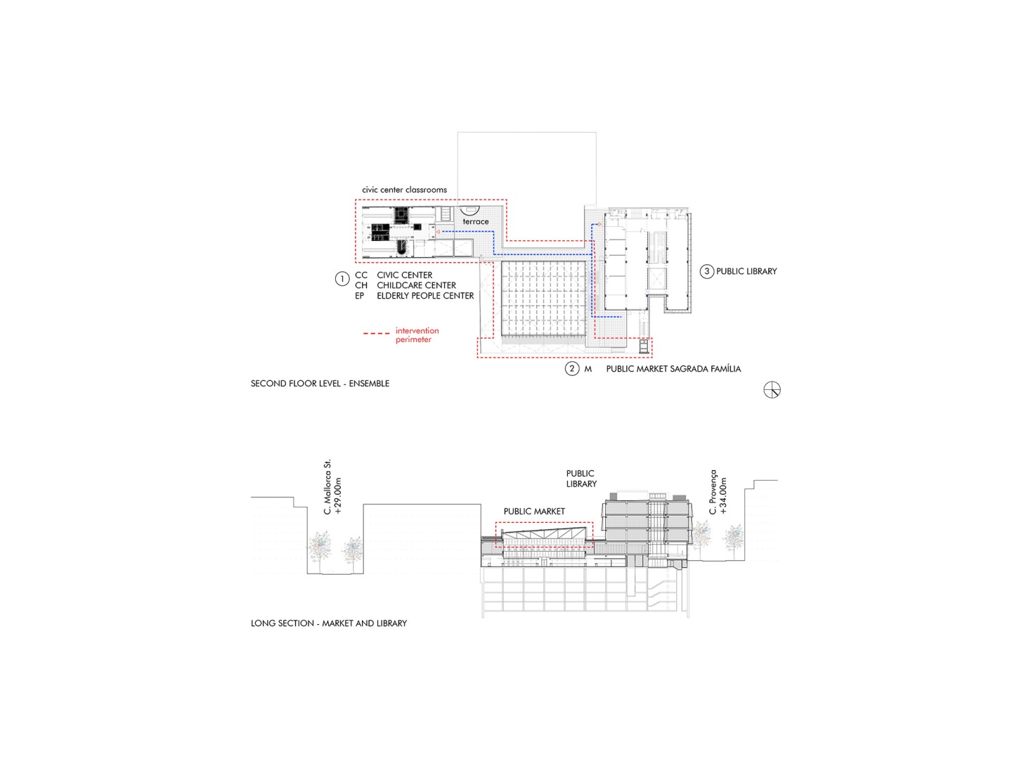 Second floor plan /  Longitudinal section. "Recirculating the Eixample" by Addenda Architects + Flexo Arquitectura.