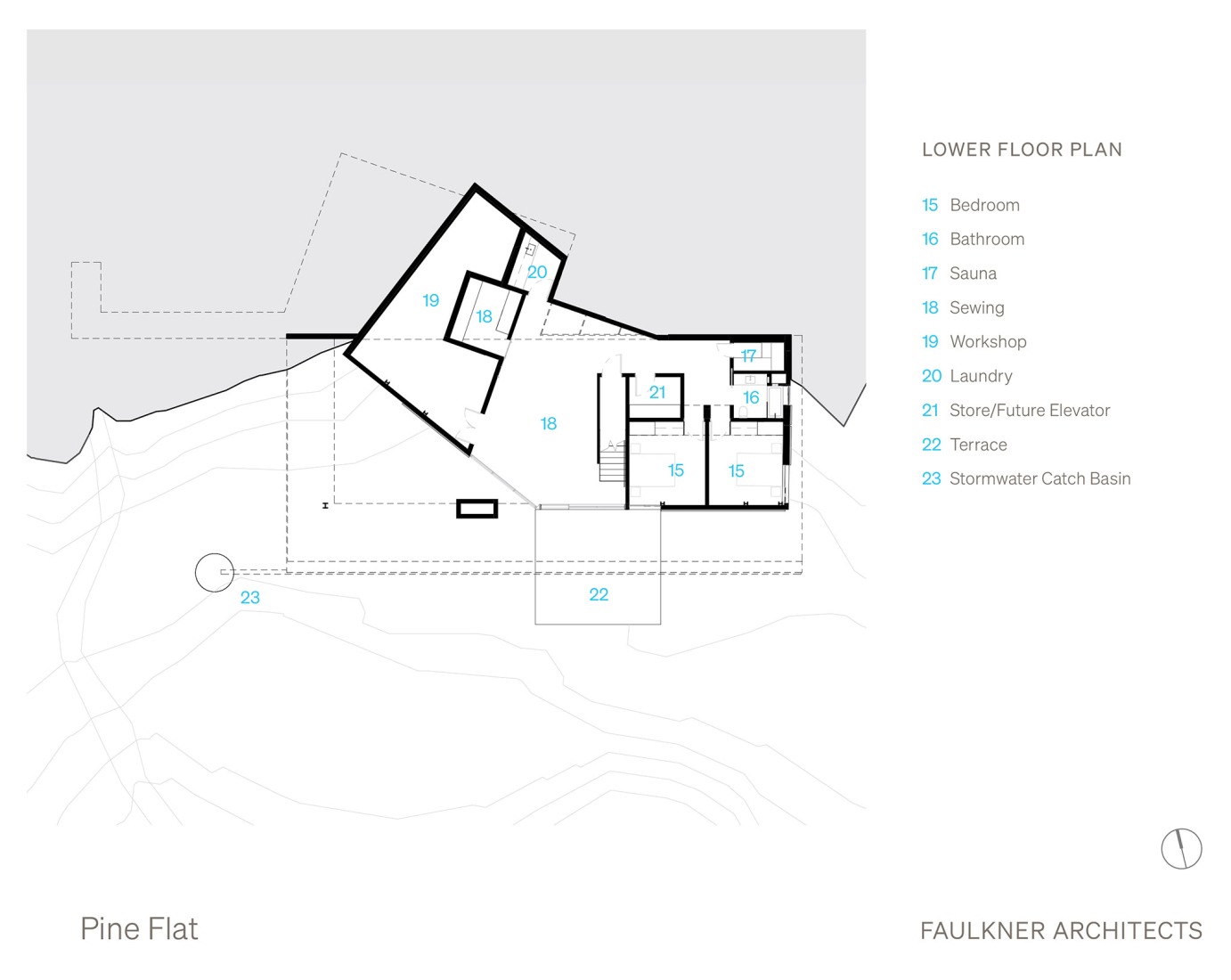 Plano de primera planta. «Pine Flat» por Faulkner Architects.