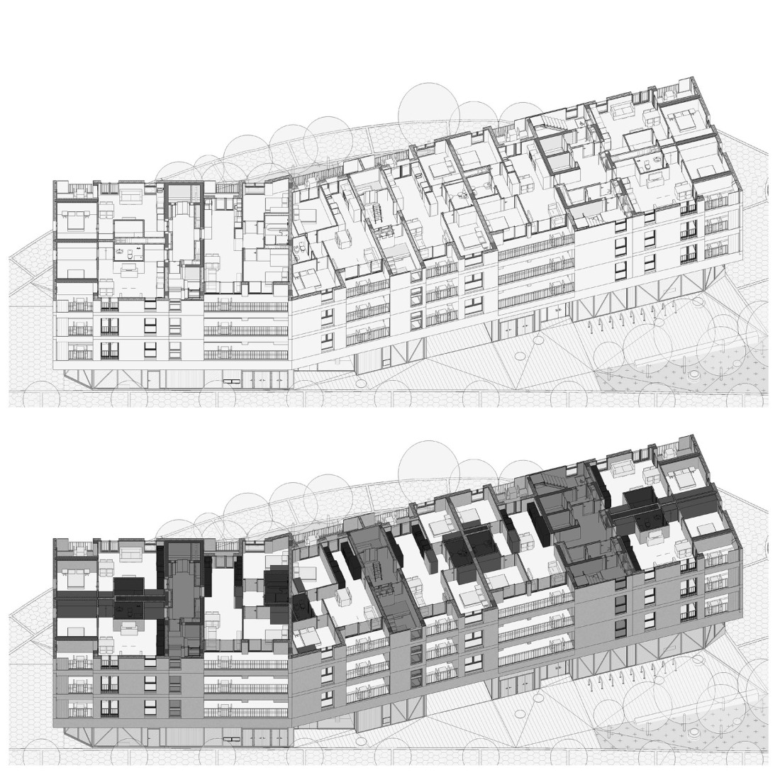 Axonometry. 83 subsidized housing units by Nexo Arquitectura + ComboLab + Equipo.exe.