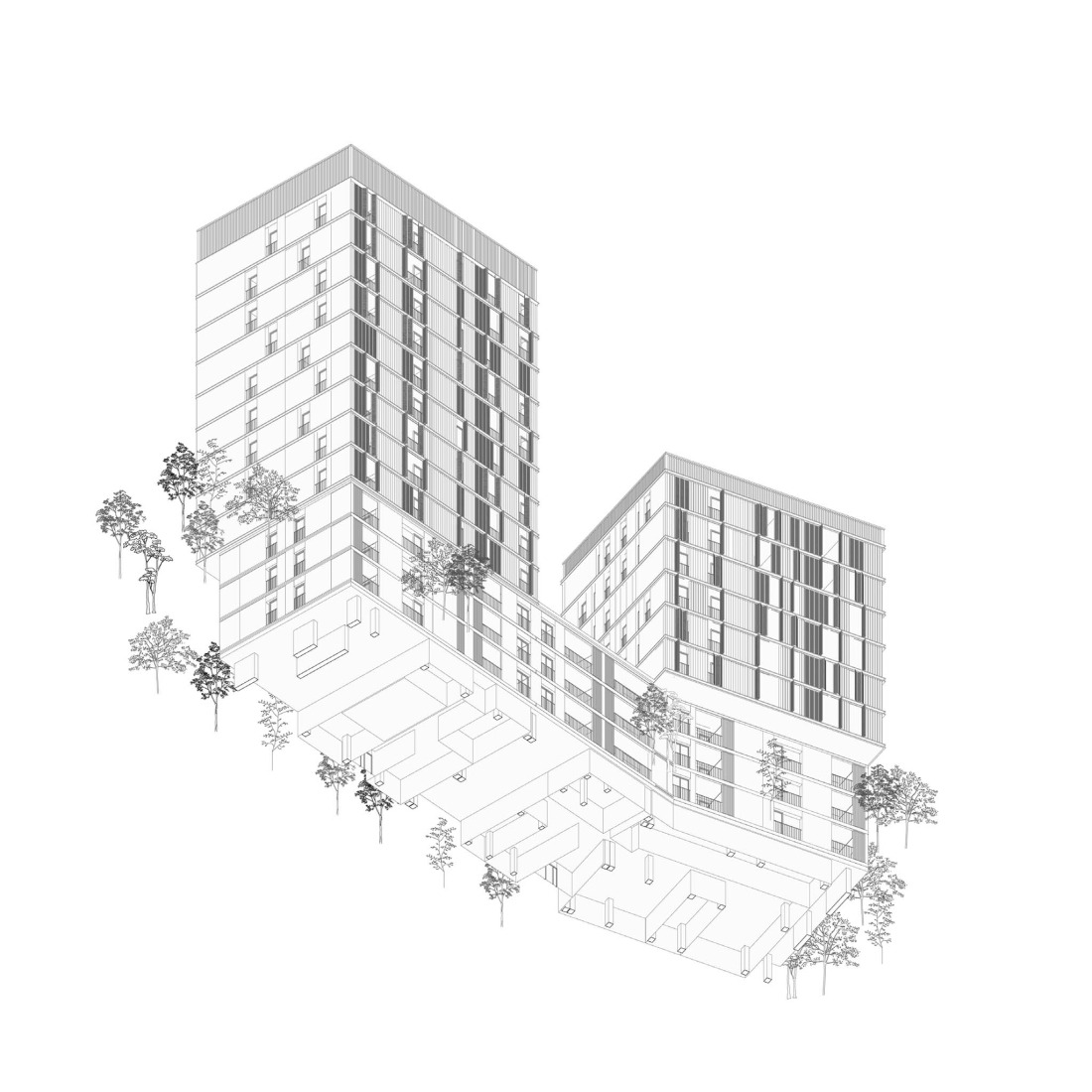 Axonometry. 83 subsidized housing units by Nexo Arquitectura + ComboLab + Equipo.exe.