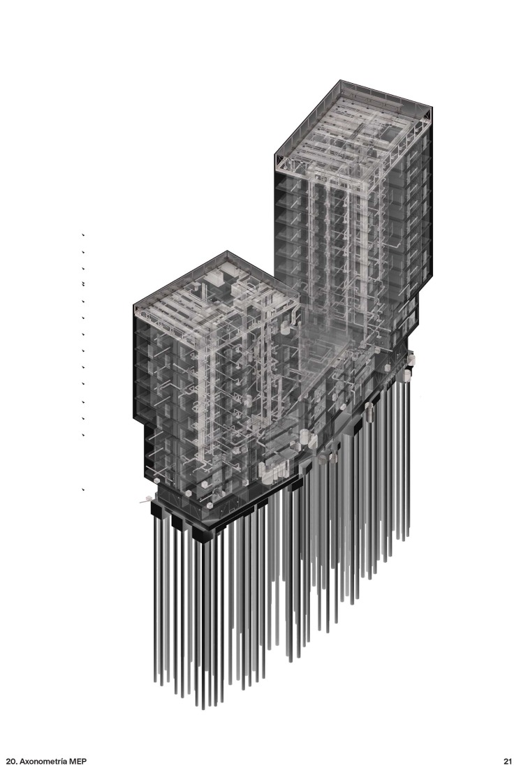 Axonometry. 83 subsidized housing units by Nexo Arquitectura + ComboLab + Equipo.exe.