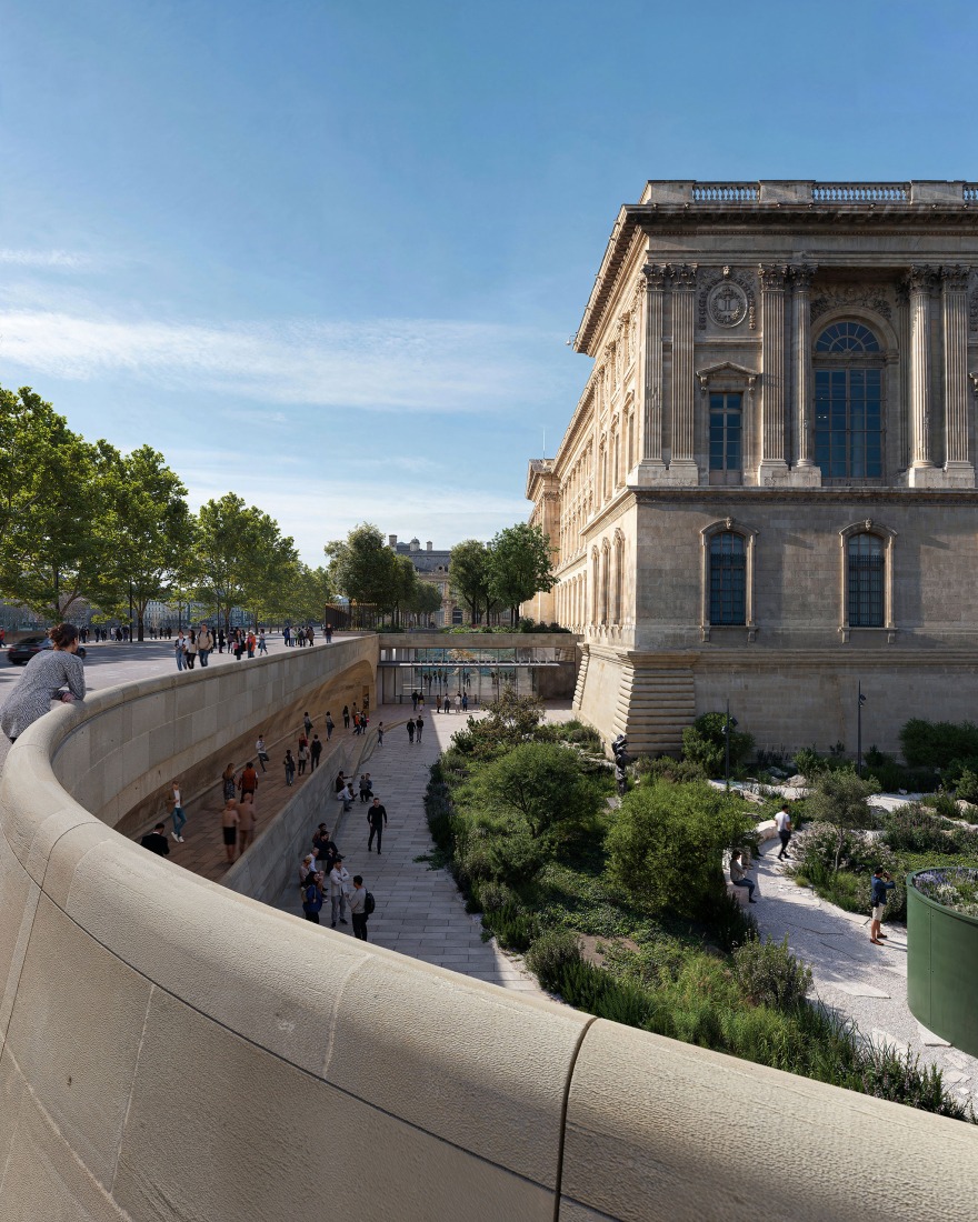 Vista desde la explanada hacia los nuevos puntos de acceso, propuesta de STUDIOS Architecture Paris y Selldorf Architects. Visualización por Vincent Atelier.