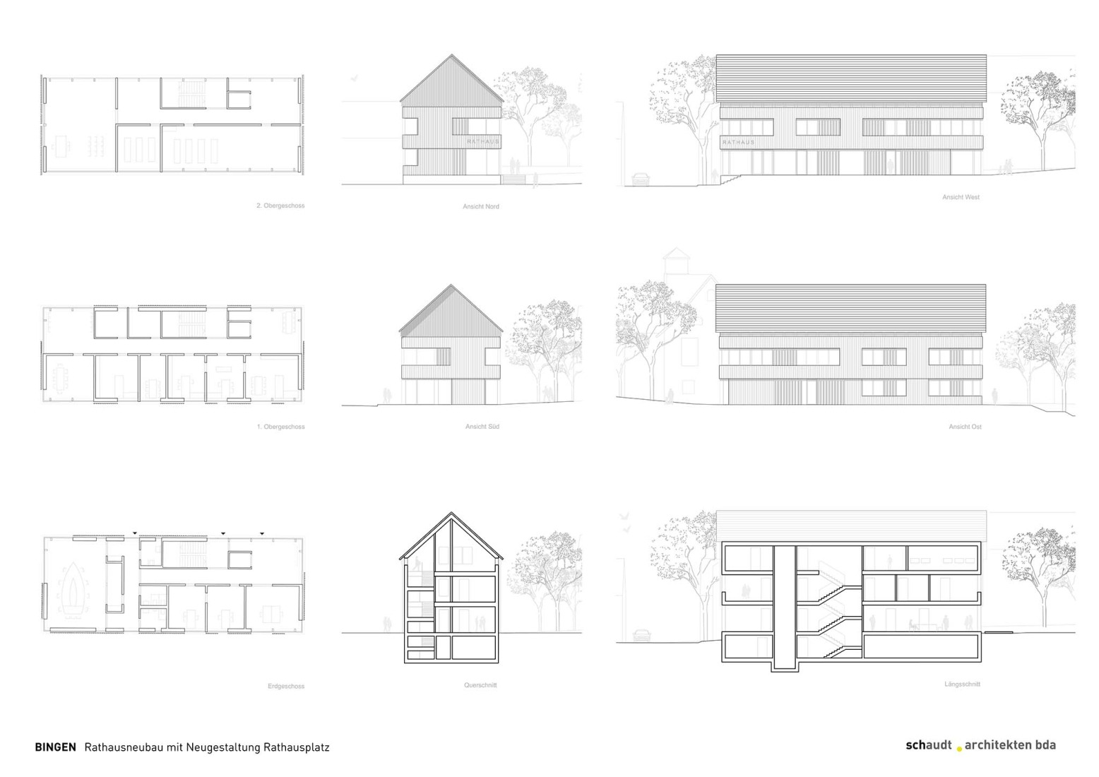Floor plans, sections and elevations. Bingen Town Hall by Schaudt Architekten BDA.