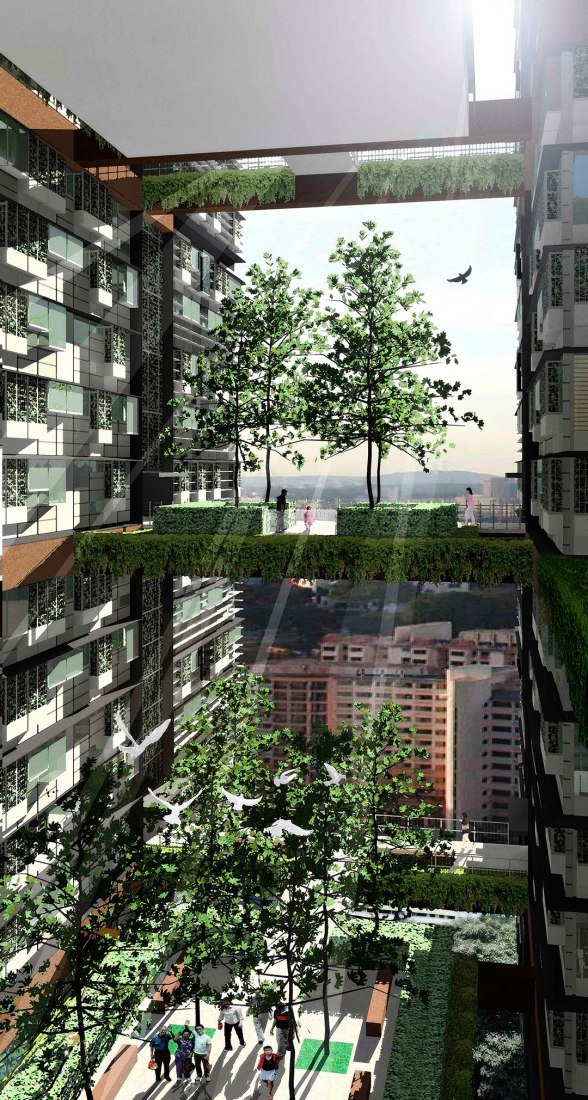 Duxton Plain Public Housing, Competition, Singapore, 2001/02. Rendering by WOHA.