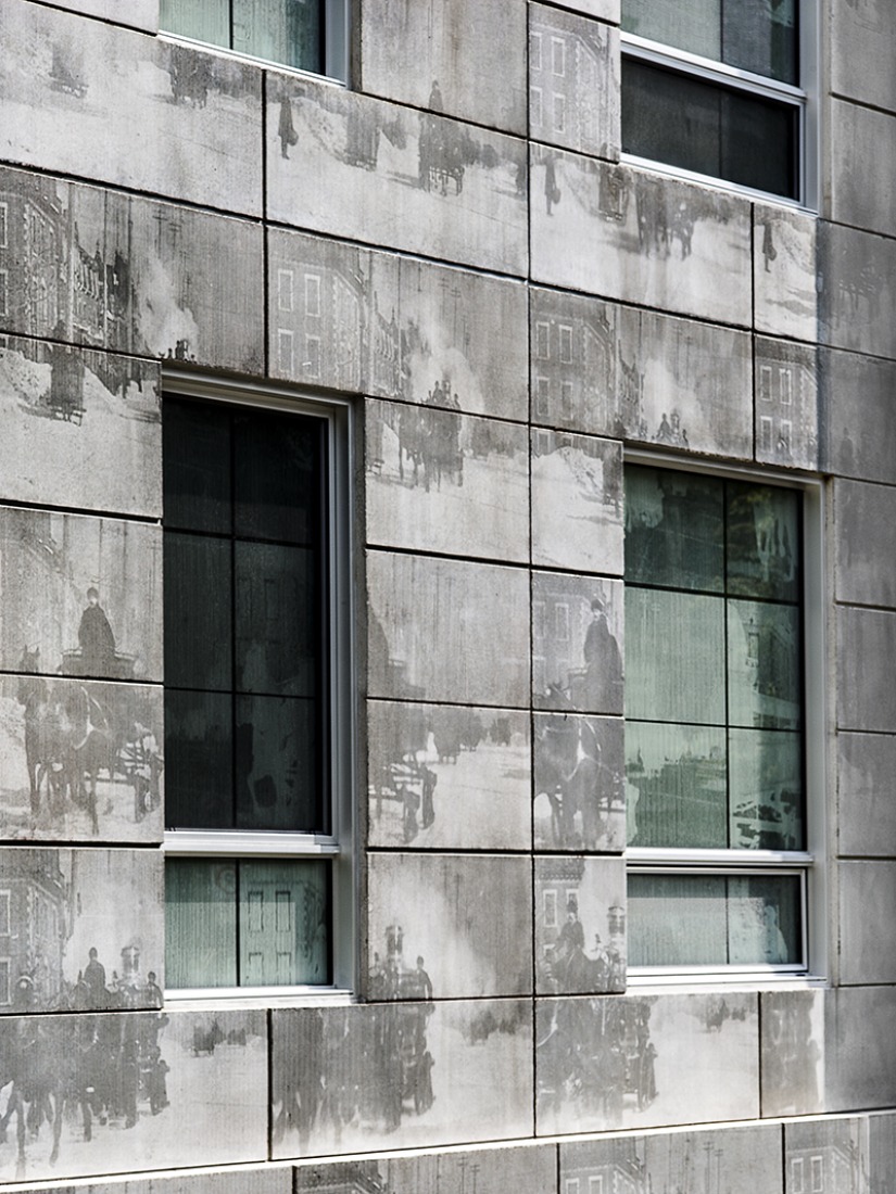 Photoengraved concrete and screen-printed glass. Edison Residence by Kanva. Photography © Marc Cramer.