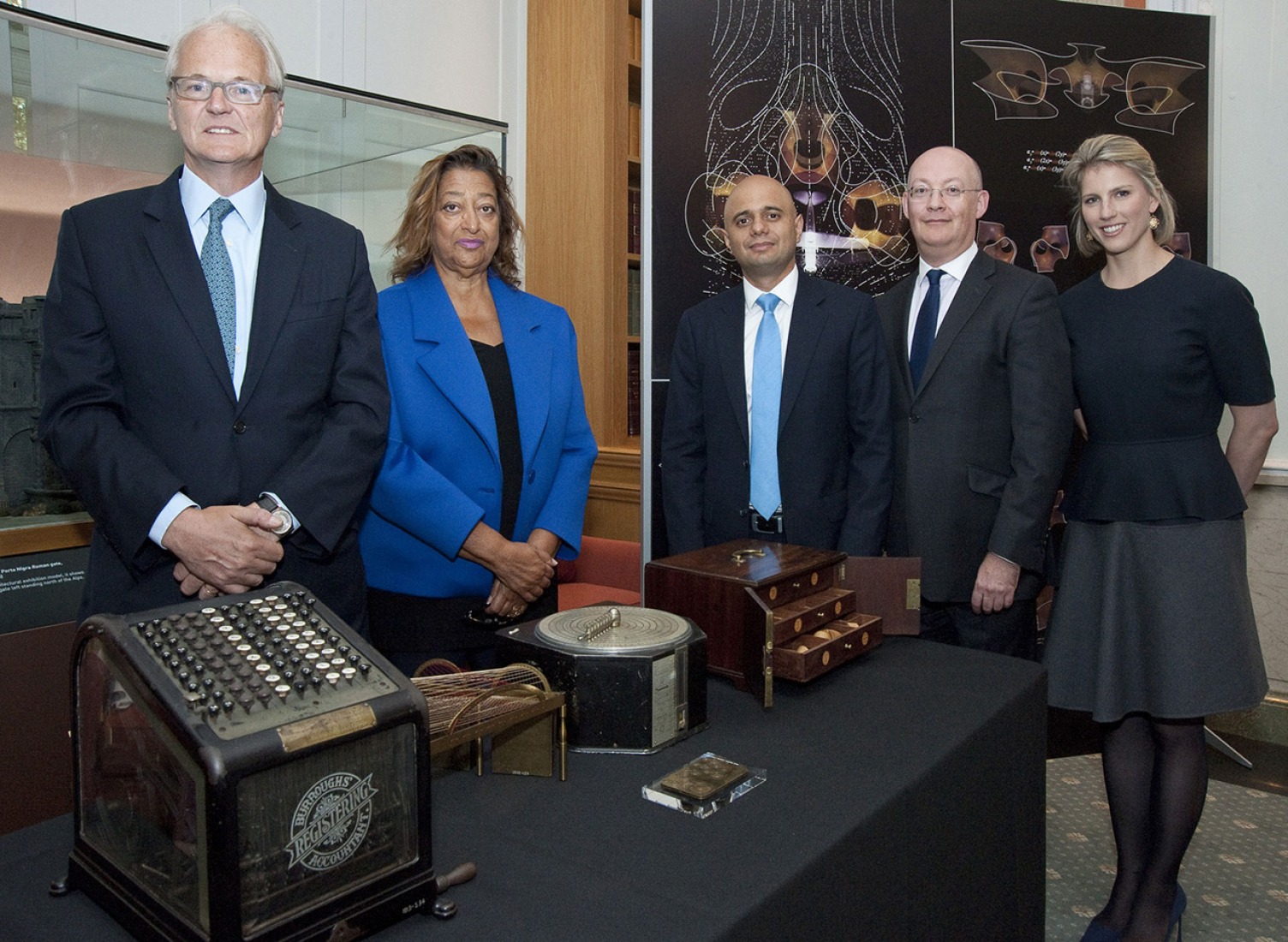 David Harding, Dame Zaha Hadid, the Rt Hon Sajid Javid MP, Ian Blatchford and Claudia Harding (L-R) announcing the new Maths Gallery. Image courtesy of Science Museum.