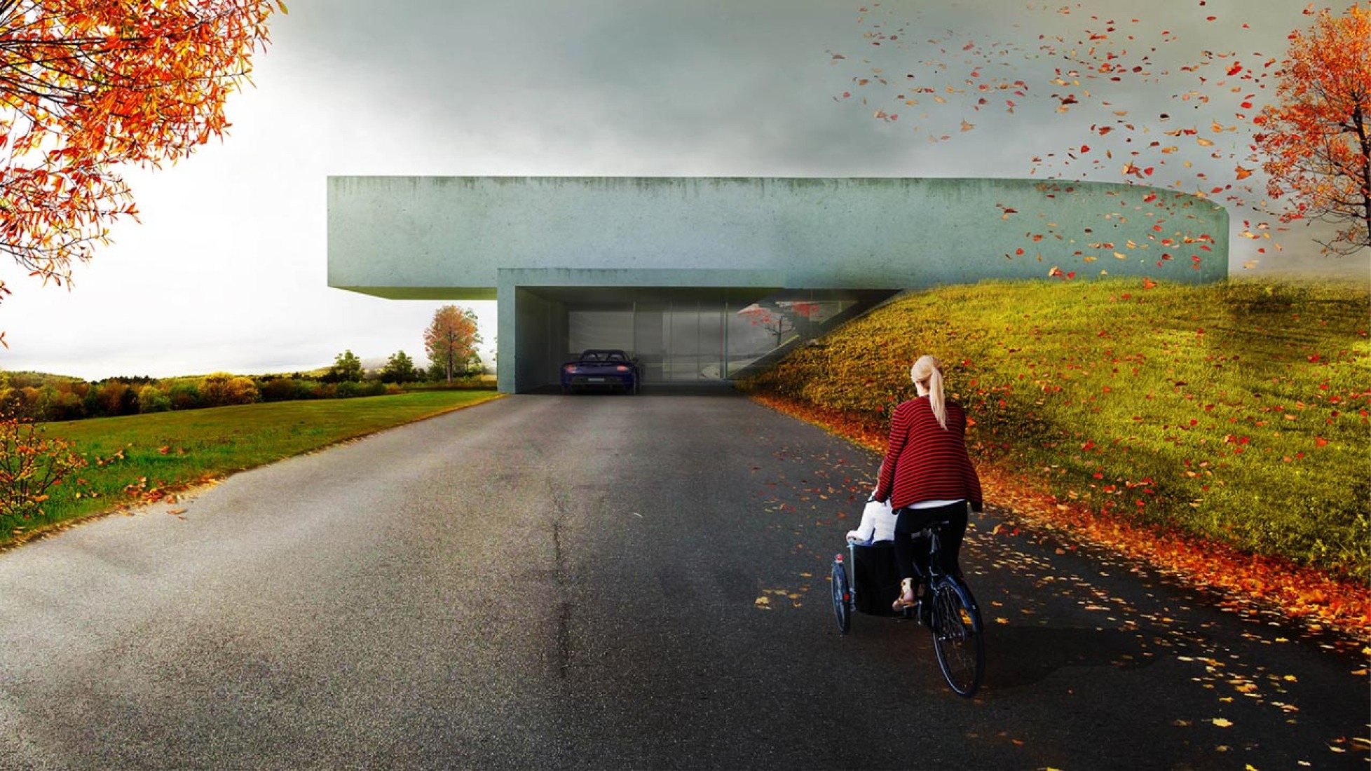 Vista del exterior desde el acceso de coches. Villa Gug por BIG. Imagen © BIG-Bjarke Ingels Group.