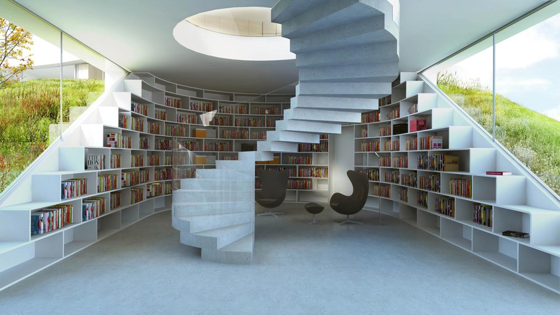 Escaleras y biblioteca. Villa Gug por BIG. Imagen © BIG-Bjarke Ingels Group.