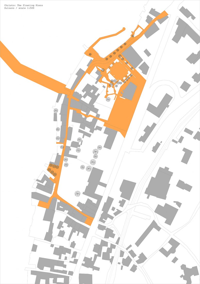 Map indicating the fabric on pedestrian streets in Sulzano by Christo.