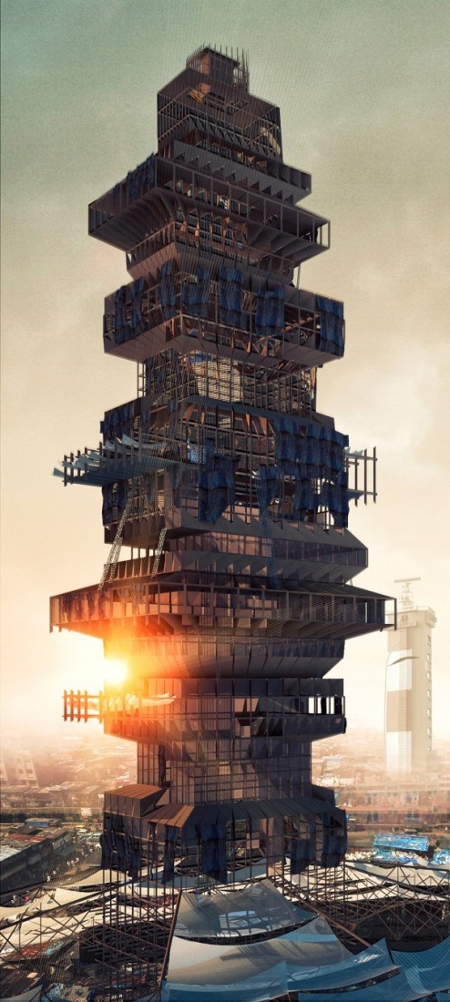 SECOND PLACE.- “Shanty-Scraper” / Suraksha Bhatla and Sharan Sundar. Image Courtesy of eVolo