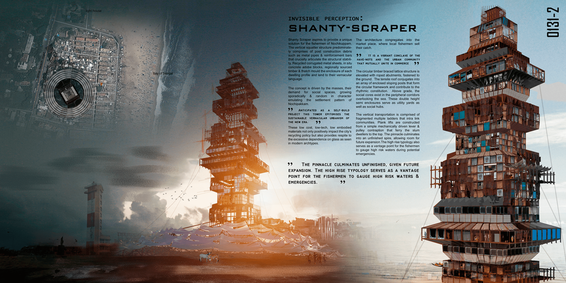 SECOND PLACE.- “Shanty-Scraper” / Suraksha Bhatla and Sharan Sundar. Image Courtesy of eVolo
