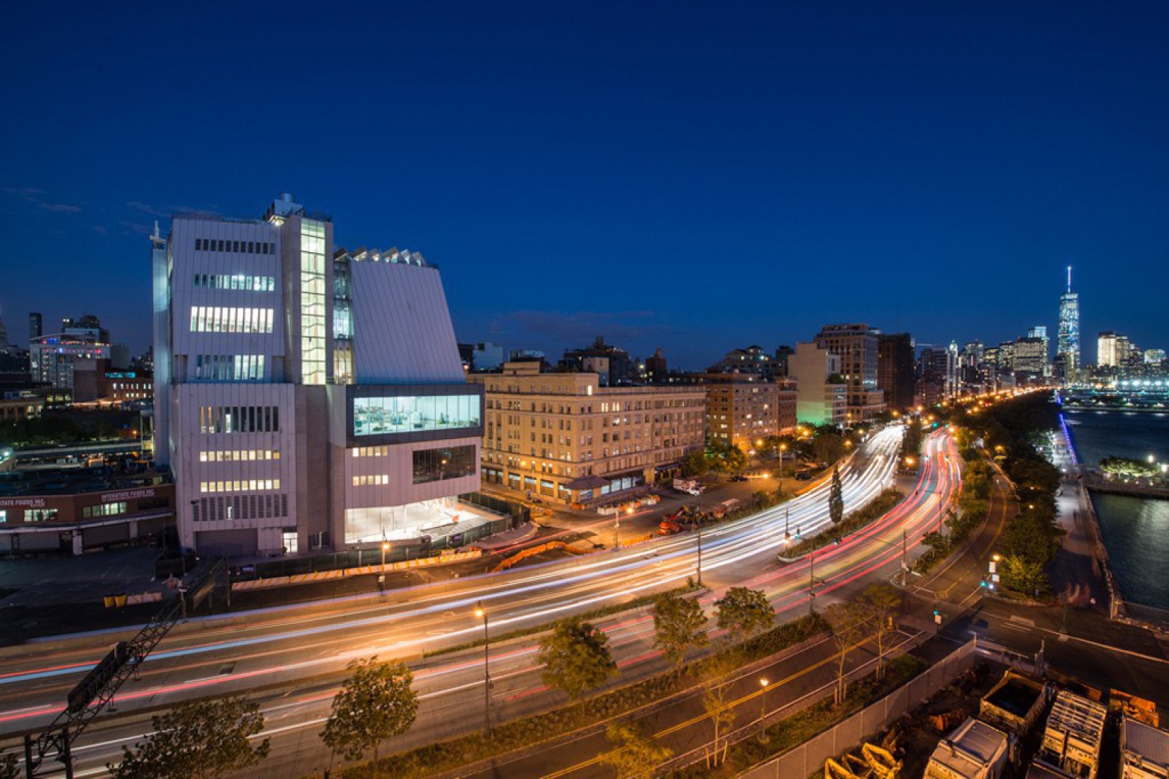 Outside view at dusk. Whitney Museum by Renzo Piano. Photograph © Timothy Schenck.