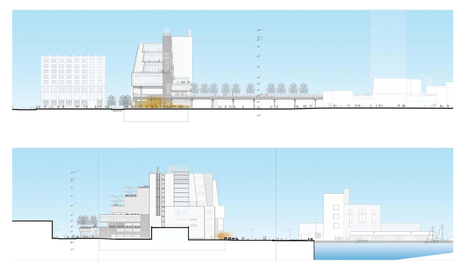 East and north elevations. Whitney Museum by Renzo Piano.