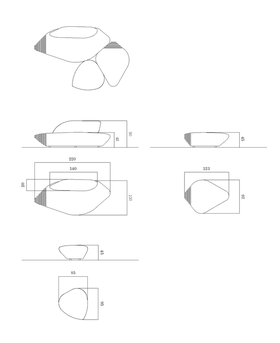 Dimensions plan. Sofa ‘BOTAN’ by Benedetta Tagliabue for Passoni Nature.