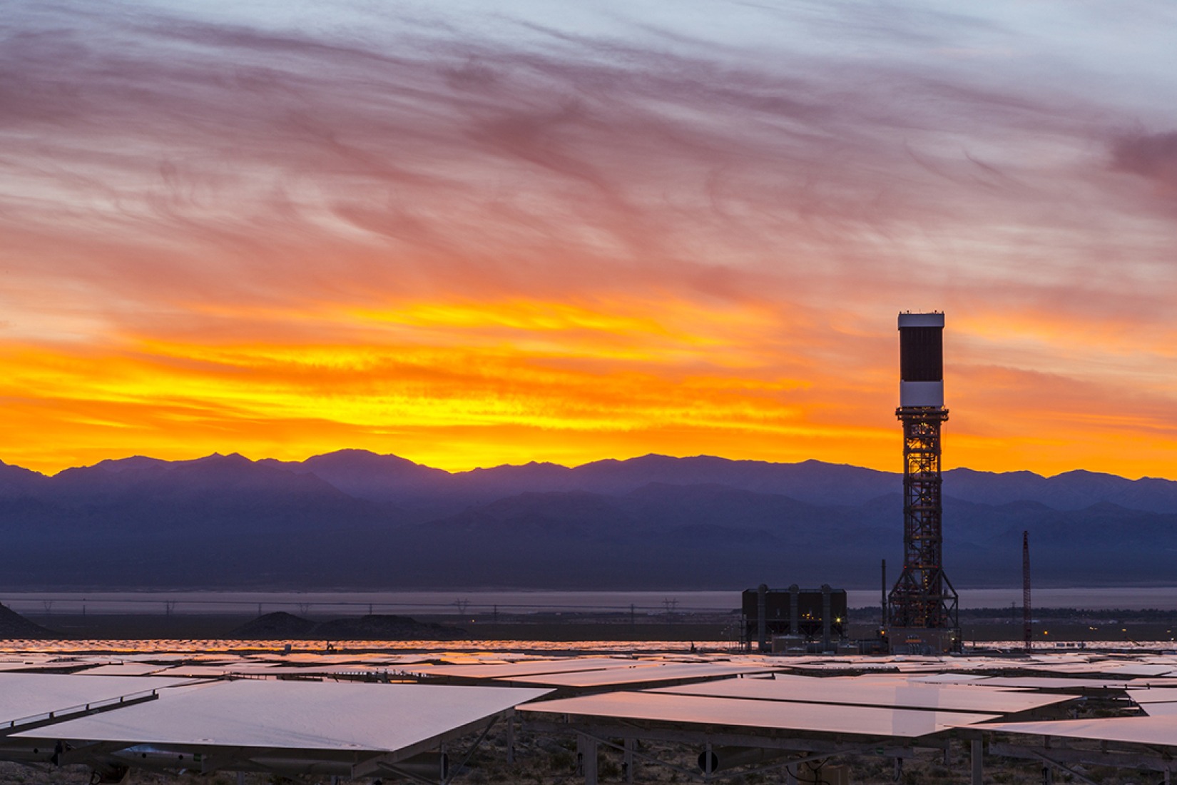 Tower 2 and its heliostats at sunrise at the Ivanpah Solar Power Facility. Image courtesy of Ivanpah. 