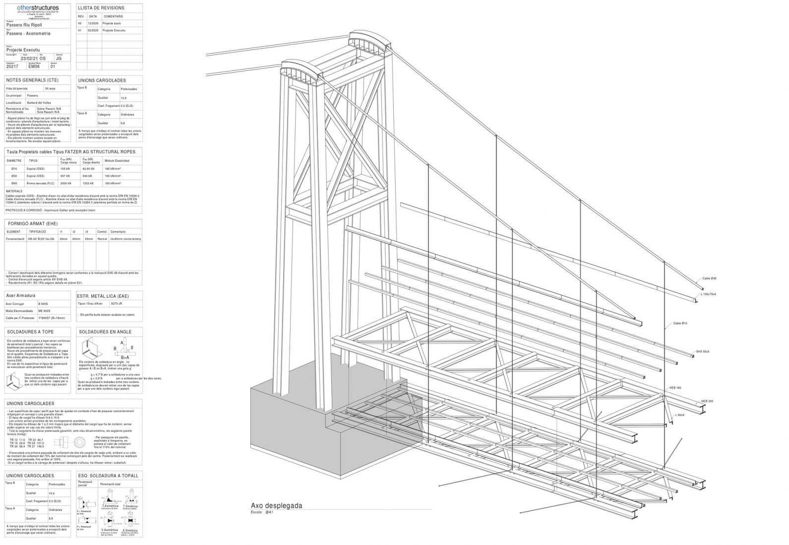 Axonometric. Footbridge over the Ripoll river in the surroundings of the Molí Vermell in Barberà del Vallès.