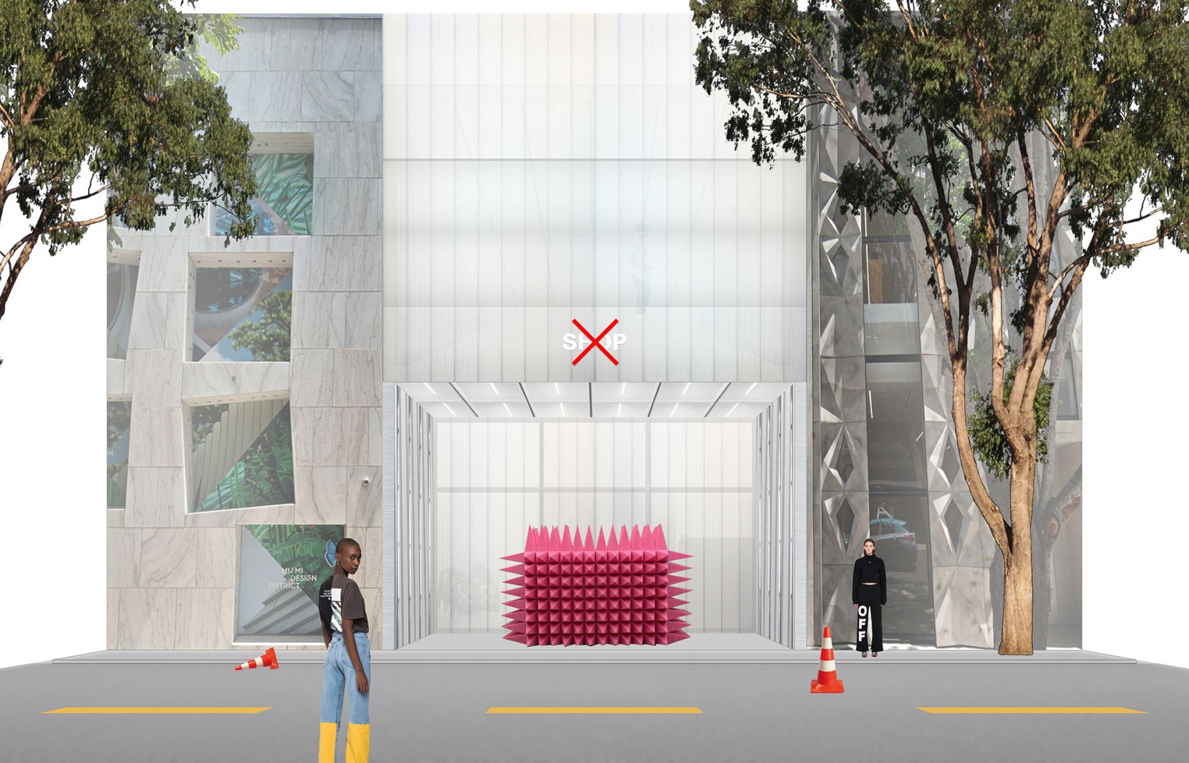 Fachada cerrada, visualización. Off-White Miami c/o Virgil Abloh™ y AMO
