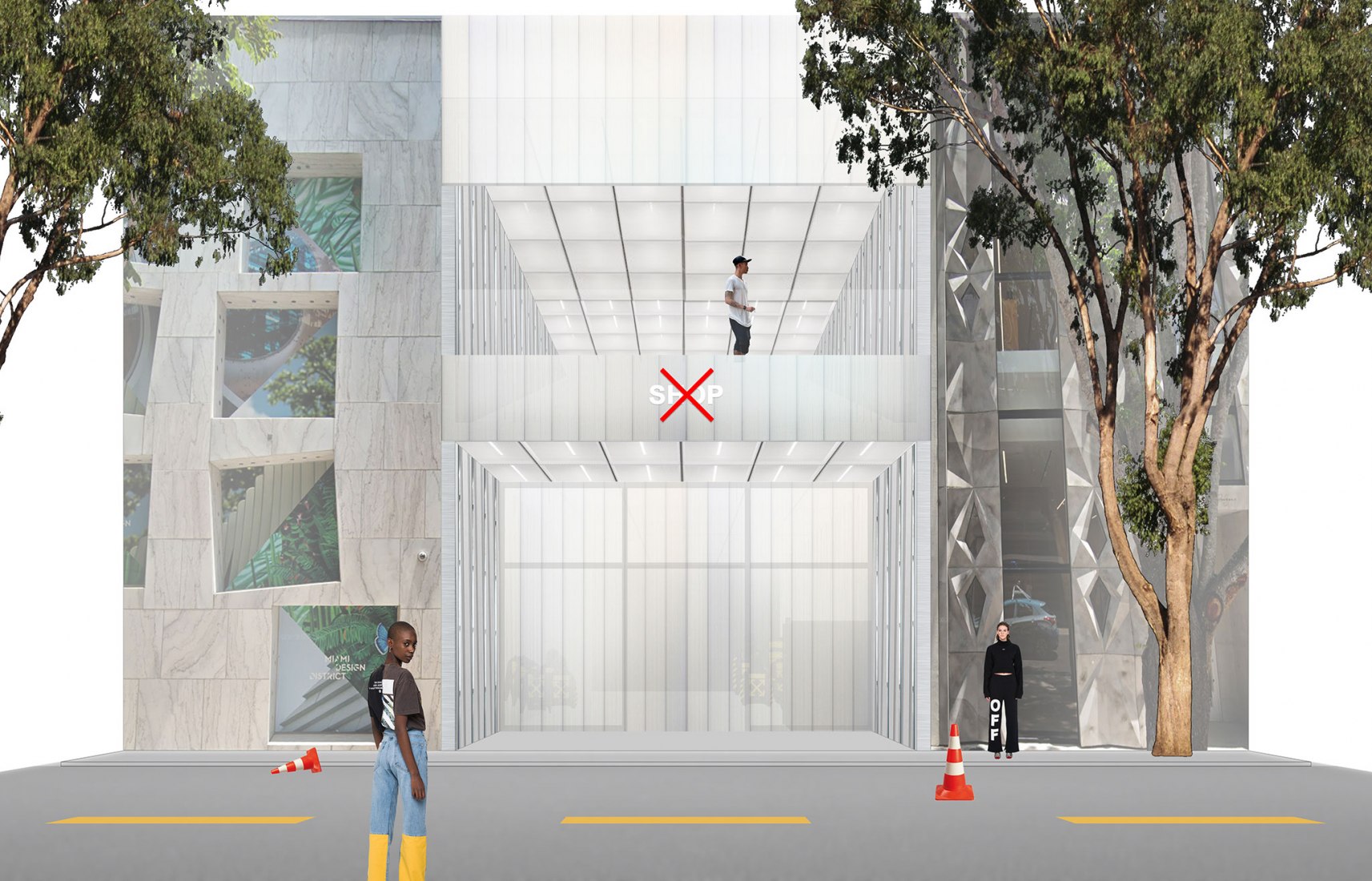 Fachada, visualización. Off-White Miami c/o Virgil Abloh™ y AMO