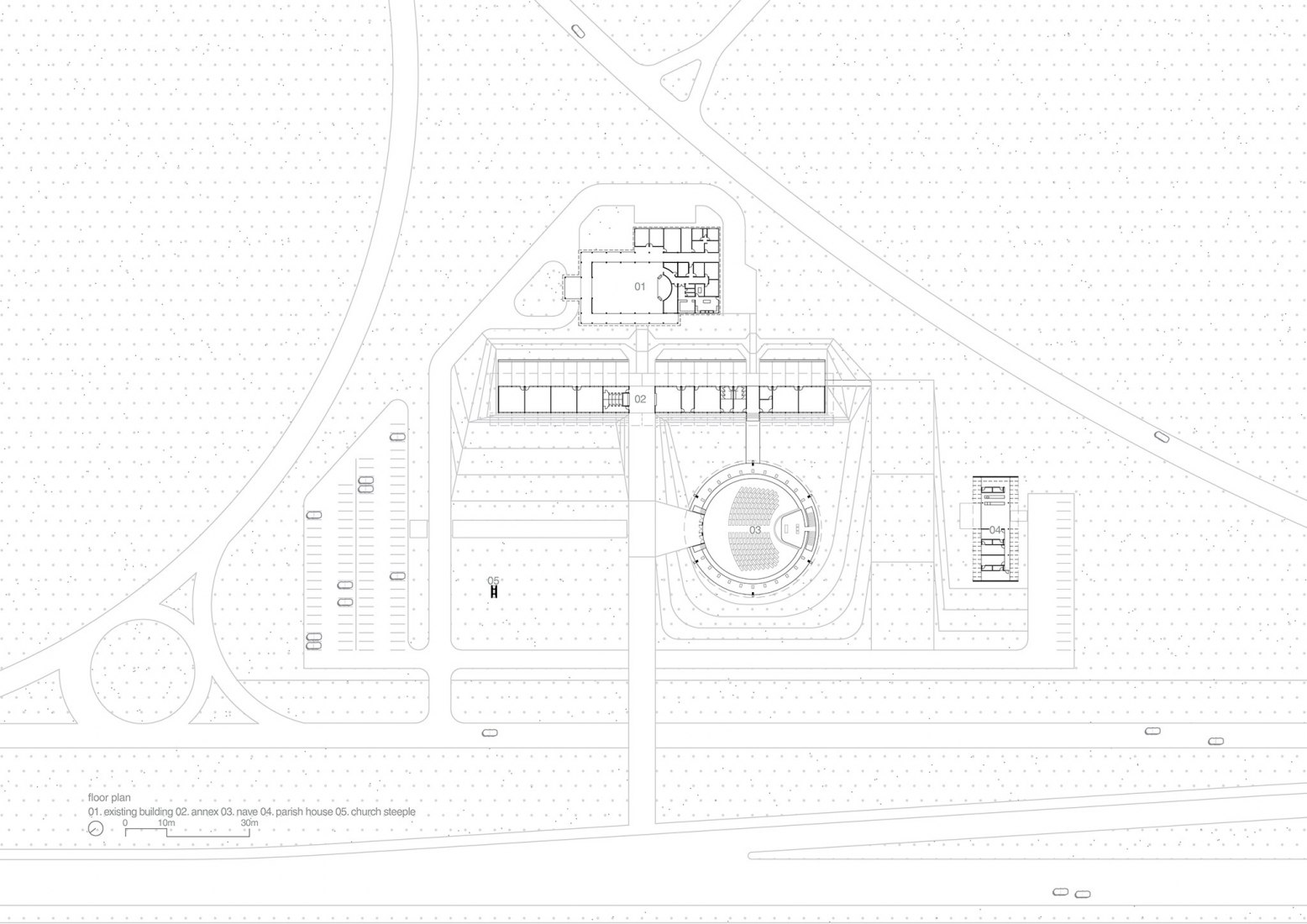 Plano de planta baja. Iglesia de la Sagrada Familia por ARQBR Arquitetura e Urbanismo.
