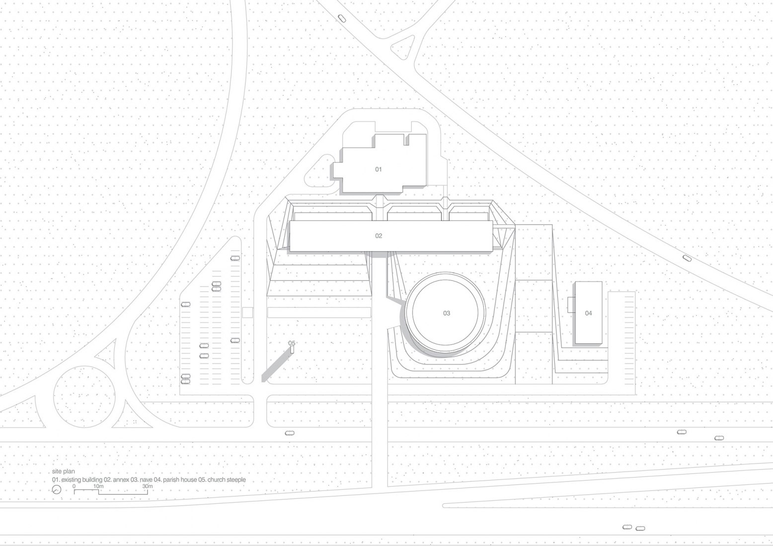 Plano de cubierta. Iglesia de la Sagrada Familia por ARQBR Arquitetura e Urbanismo.