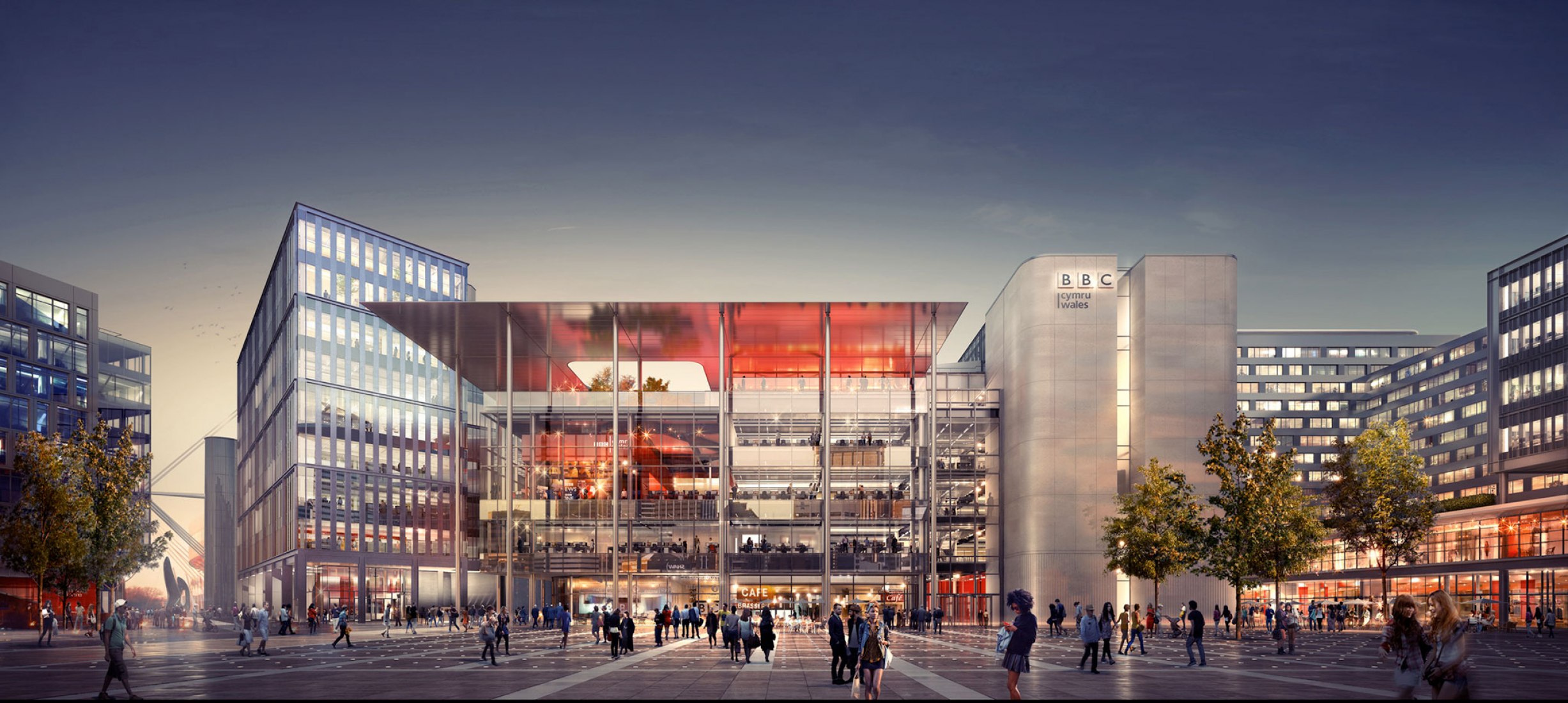 La sede de BBC Cymru Wales forma parte de un plan director más amplio para Central Square diseñado por Foster + Partners para el centro de la ciudad de Cardiff. Visualización cortesía de Foster + Partners